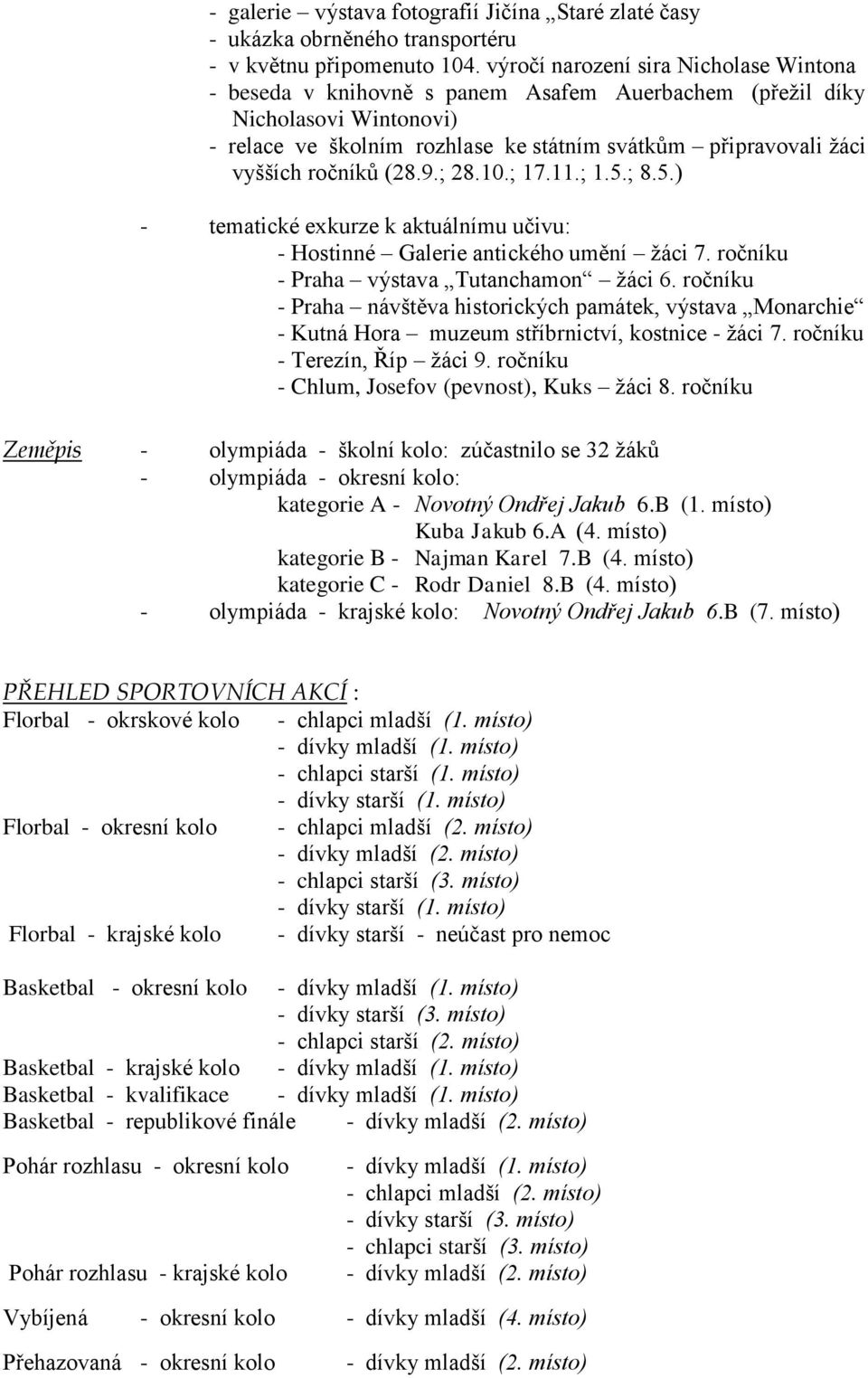 ročníků (28.9.; 28.10.; 17.11.; 1.5.; 8.5.) - tematické exkurze k aktuálnímu učivu: - Hostinné Galerie antického umění žáci 7. ročníku - Praha výstava Tutanchamon žáci 6.