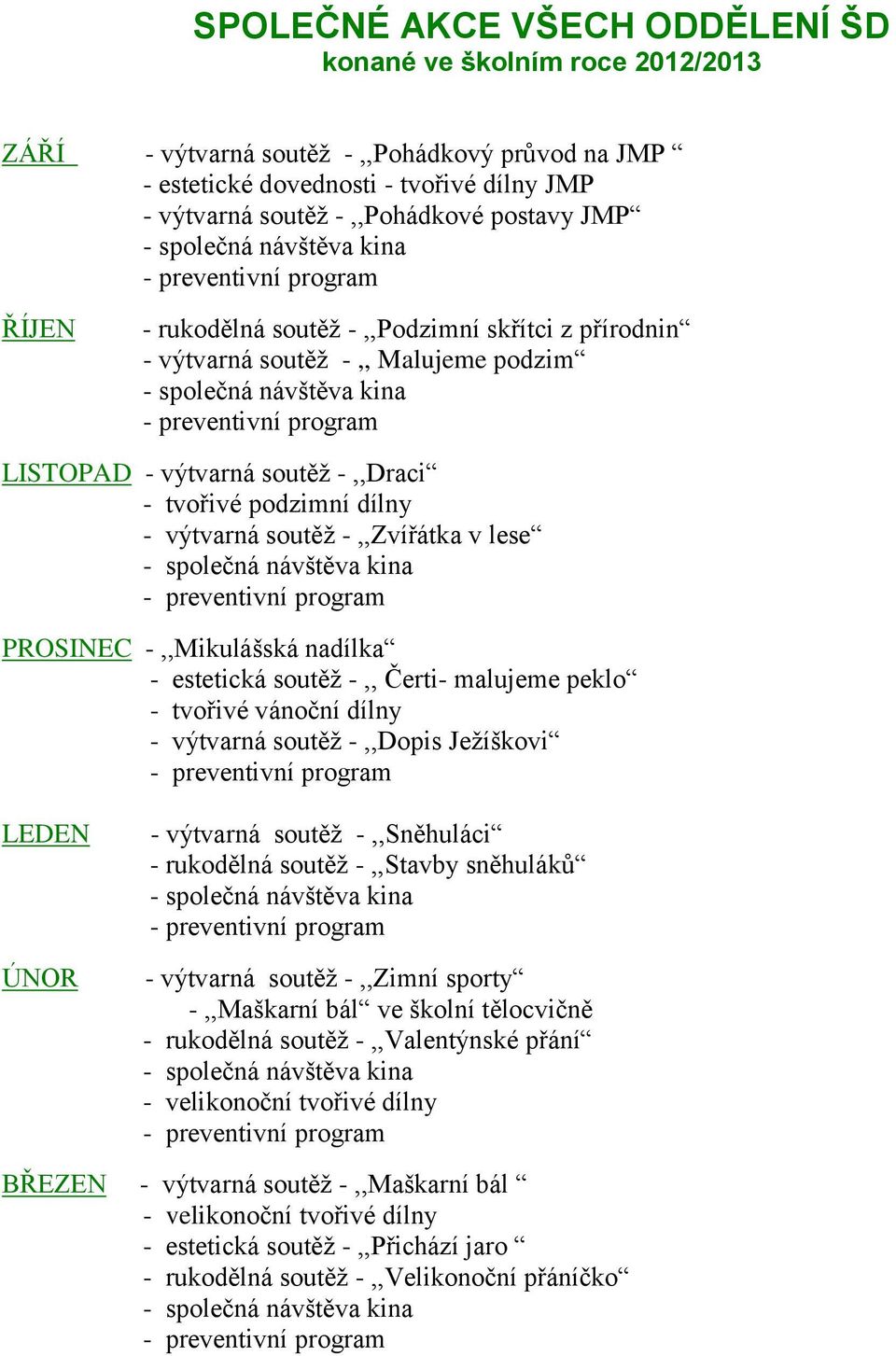 LISTOPAD - výtvarná soutěž -,,Draci - tvořivé podzimní dílny - výtvarná soutěž -,,Zvířátka v lese - společná návštěva kina - preventivní program PROSINEC -,,Mikulášská nadílka - estetická soutěž -,,