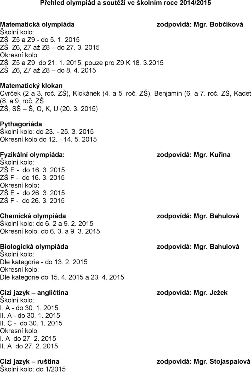 a 9. roč. ZŠ ZŠ, SŠ Š, O, K, U (20. 3. 2015) Pythagoriáda Školní kolo: do 23. - 25. 3. 2015 Okresní kolo:do 12. - 14. 5. 2015 Fyzikální olympiáda: Školní kolo: ZŠ E - do 16. 3. 2015 ZŠ F - do 16. 3. 2015 Okresní kolo: ZŠ E - do 26.