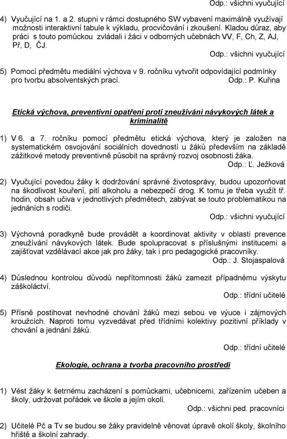 ročníku vytvořit odpovídající podmínky pro tvorbu absolventských prací. Odp.: P. Kuřina Etická výchova, preventivní opatření proti zneužívání návykových látek a kriminalitě 1) V 6. a 7.