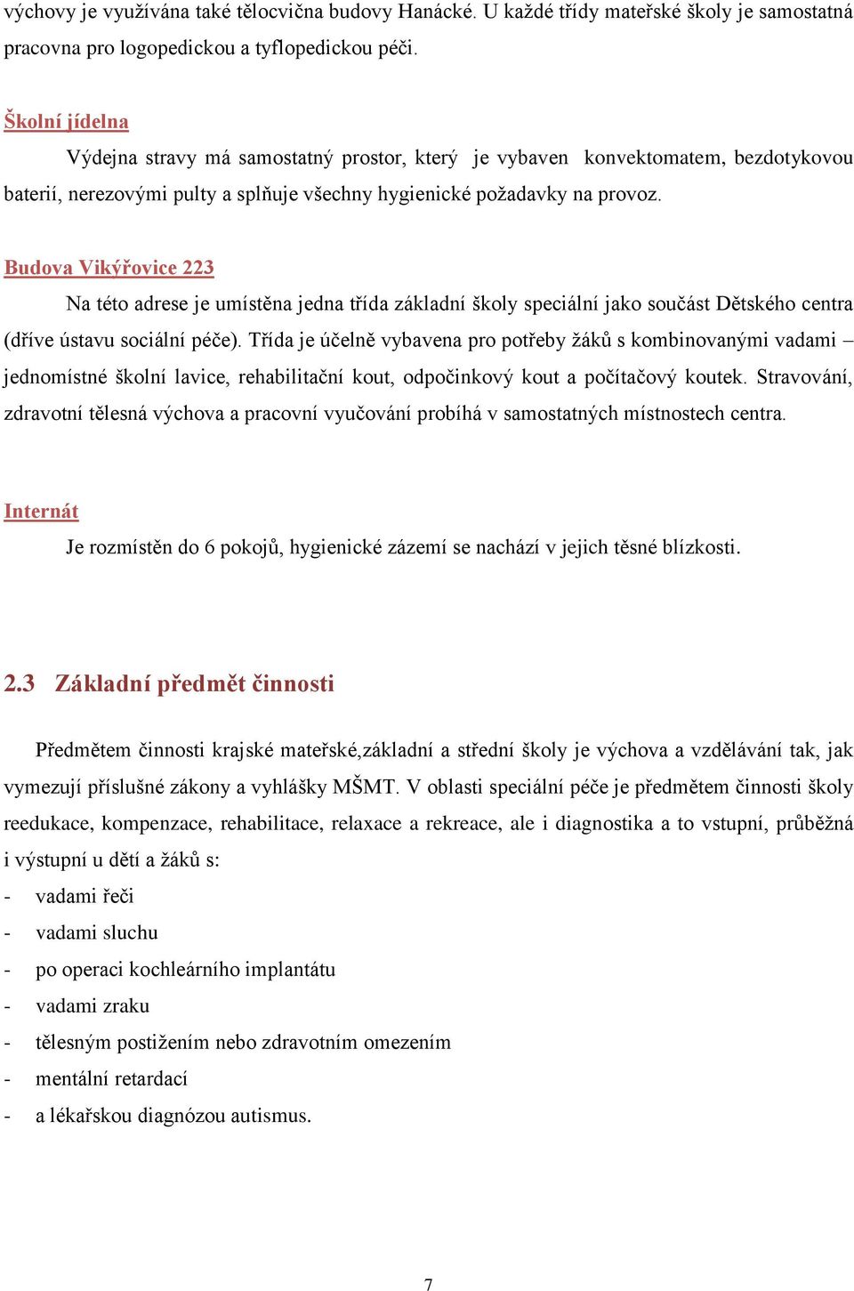 Budova Vikýřovice 223 Na této adrese je umístěna jedna třída základní školy speciální jako součást Dětského centra (dříve ústavu sociální péče).