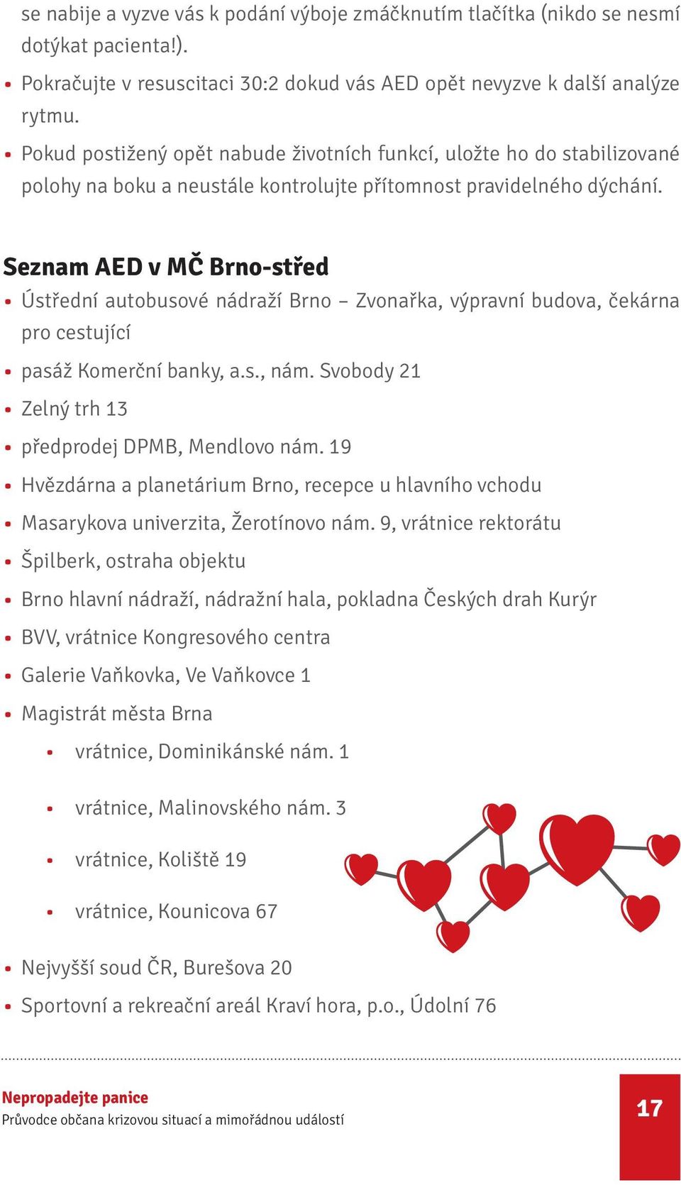 Seznam AED v MČ Brno-střed Ústřední autobusové nádraží Brno Zvonařka, výpravní budova, čekárna pro cestující pasáž Komerční banky, a.s., nám. Svobody 21 Zelný trh 13 předprodej DPMB, Mendlovo nám.