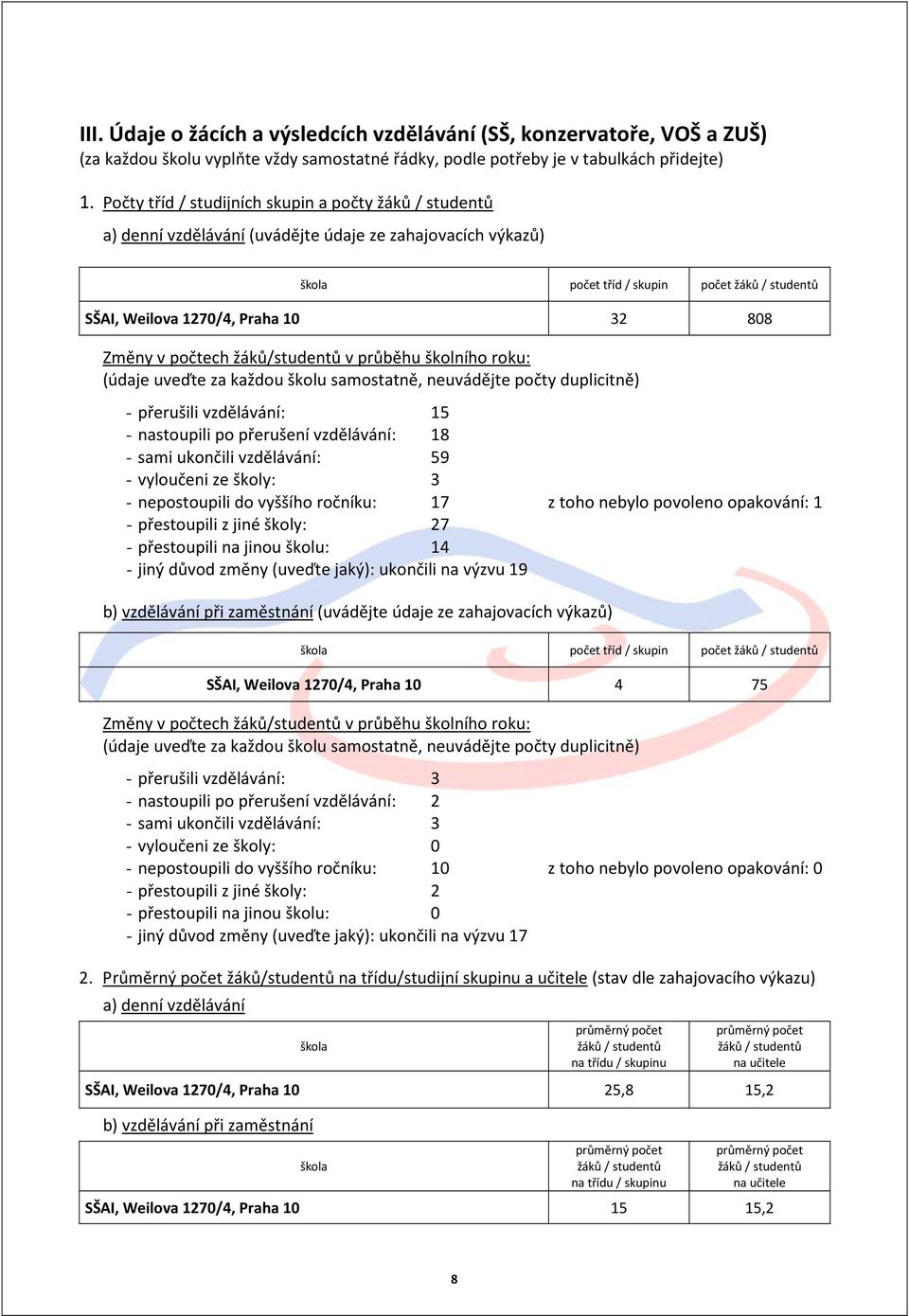 808 Změny v počtech žáků/studentů v průběhu školního roku: (údaje uveďte za každou školu samostatně, neuvádějte počty duplicitně) - přerušili vzdělávání: 15 - nastoupili po přerušení vzdělávání: 18 -