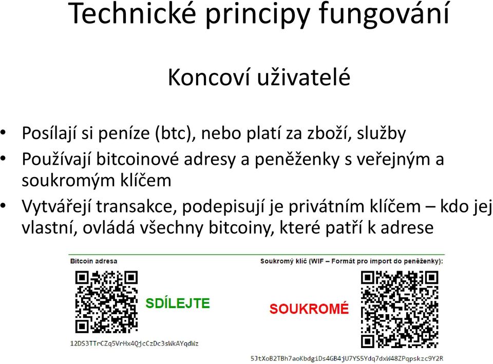 peněženky s veřejným a soukromým klíčem Vytvářejí transakce, podepisují