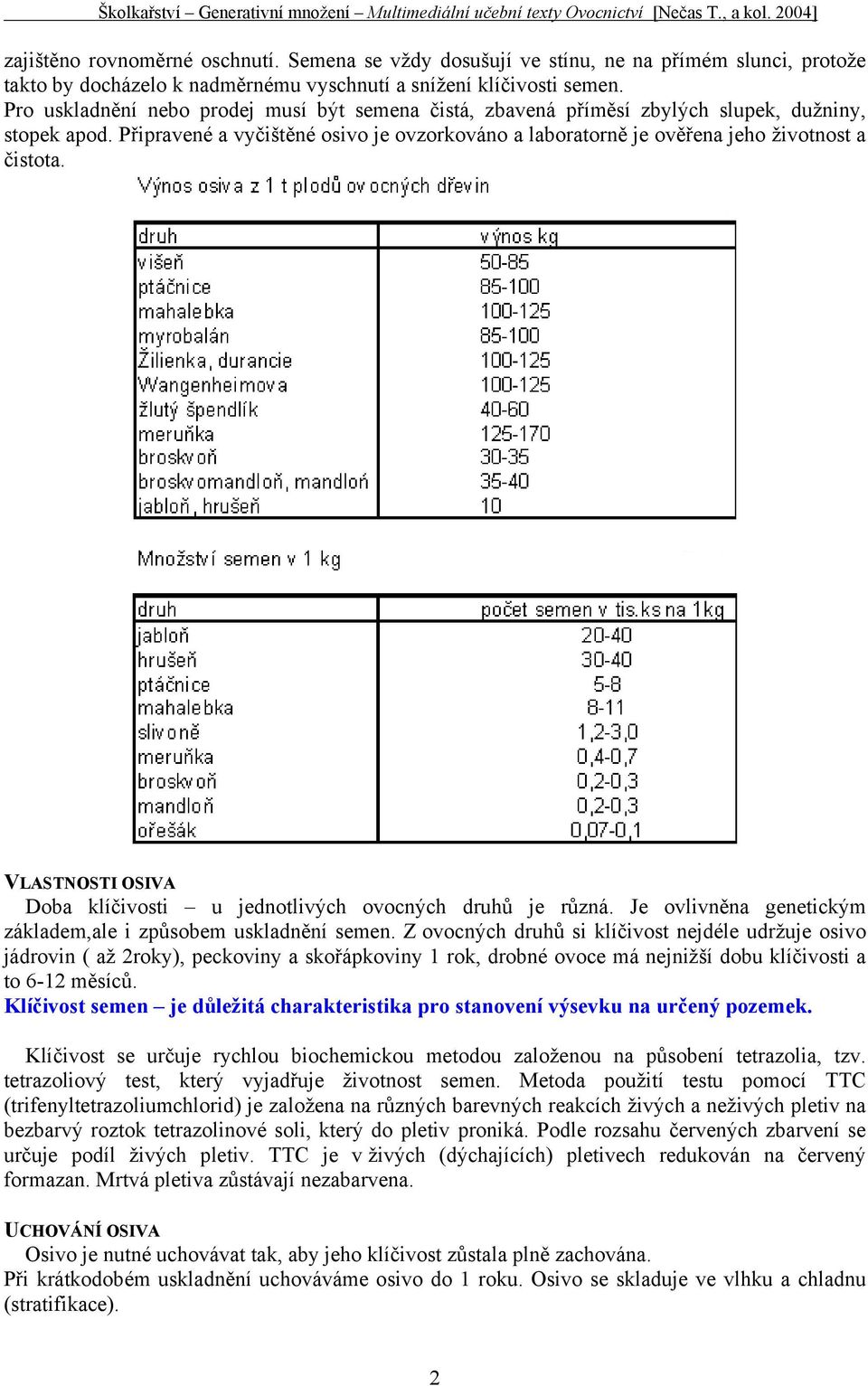 VLASTNOSTI OSIVA Doba klíčivosti u jednotlivých ovocných druhů je různá. Je ovlivněna genetickým základem,ale i způsobem uskladnění semen.