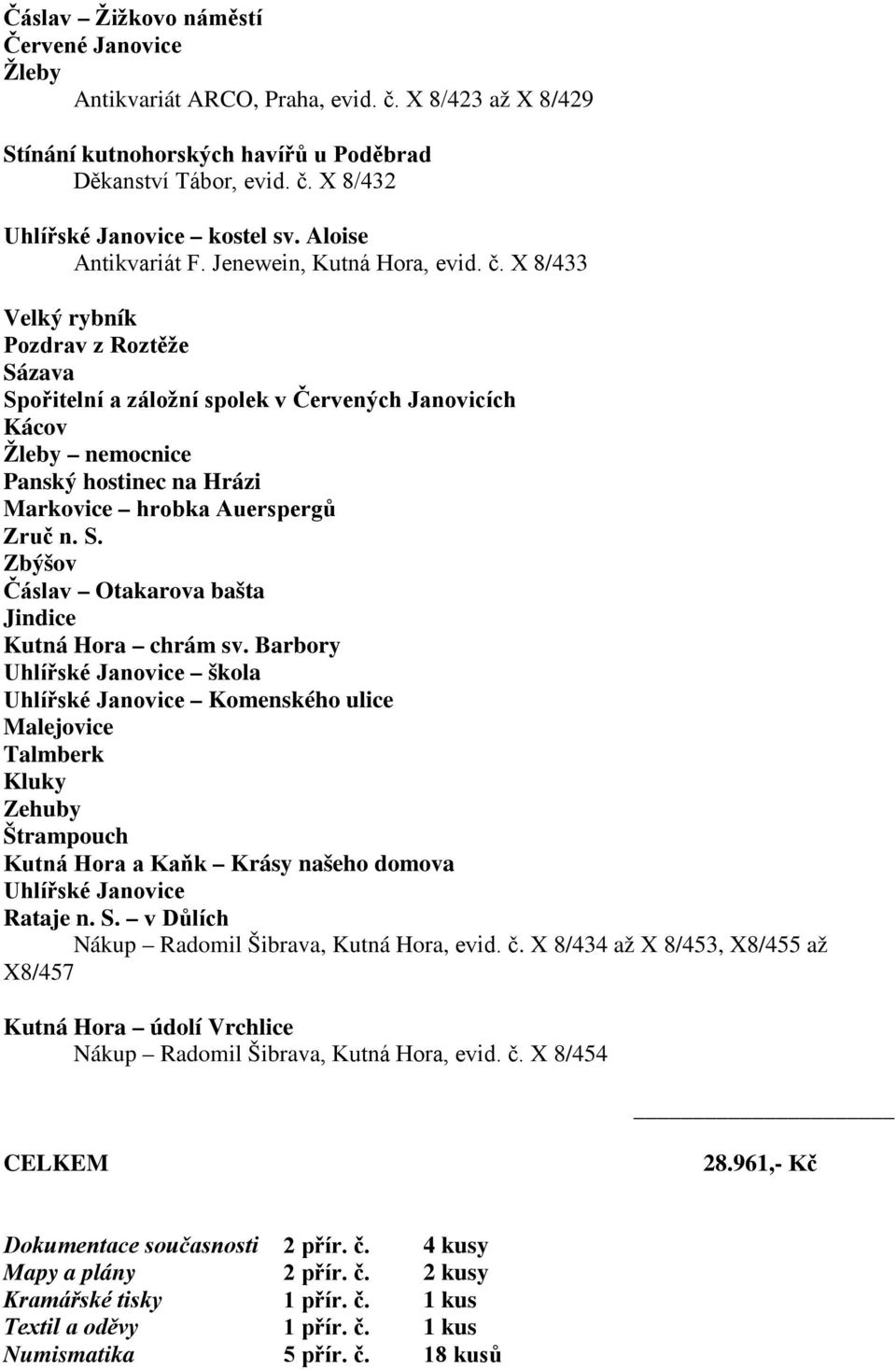 X 8/433 Velký rybník Pozdrav z Roztěže Sázava Spořitelní a záložní spolek v Červených Janovicích Kácov Žleby nemocnice Panský hostinec na Hrázi Markovice hrobka Auerspergů Zruč n. S. Zbýšov Čáslav Otakarova bašta Jindice Kutná Hora chrám sv.