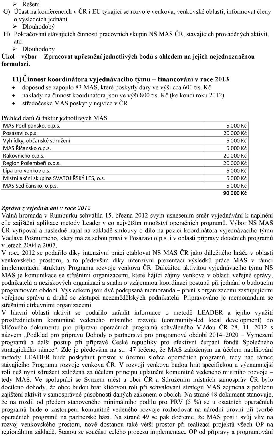 11) Činnost koordinátora vyjednávacího týmu financování v roce 2013 doposud se zapojilo 83 MAS, které poskytly dary ve výši cca 600 tis. Kč náklady na činnost koordinátora jsou ve výši 800 tis.