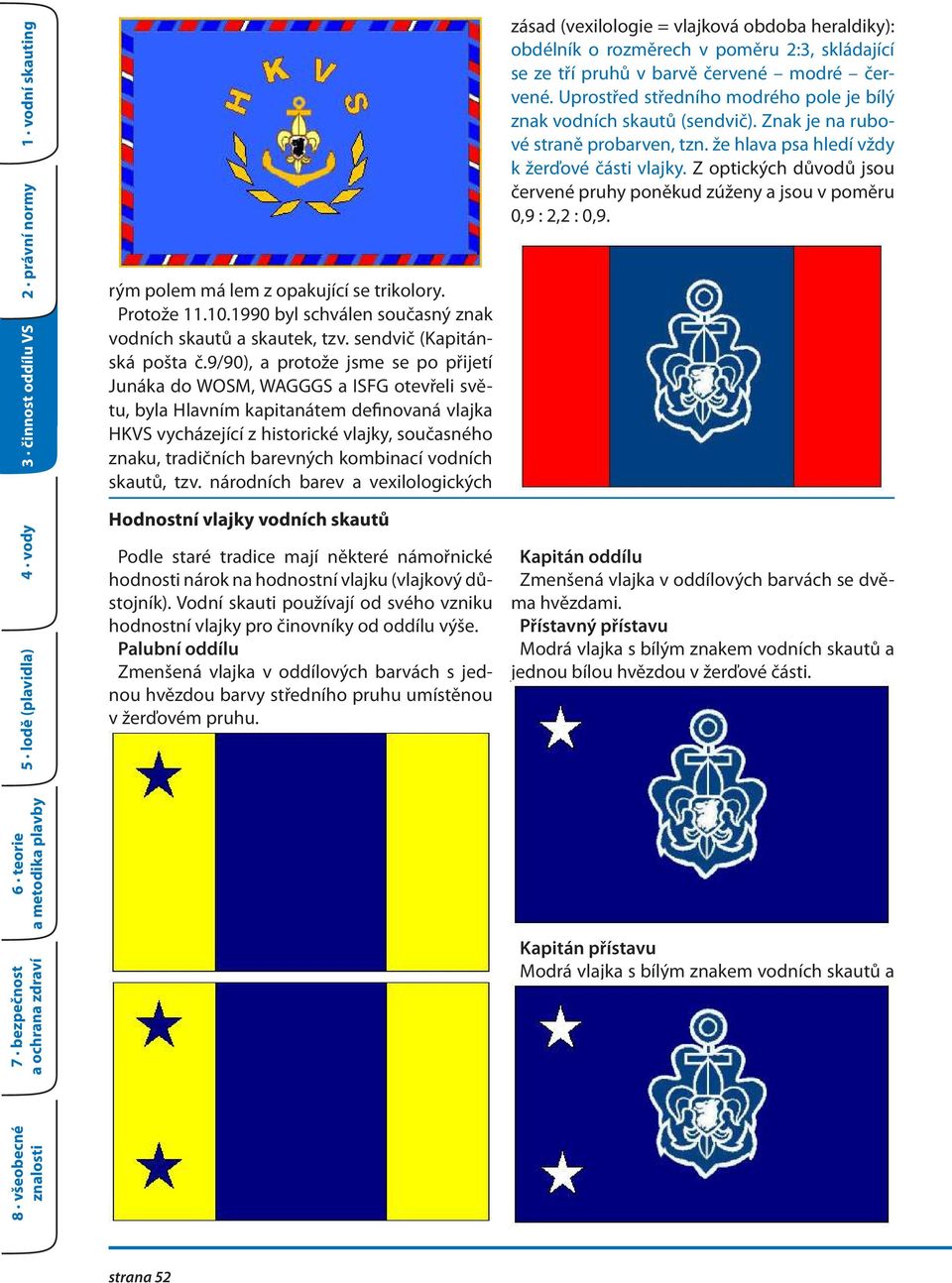 9/90), a protože jsme se po přijetí Junáka do WOSM, WAGGGS a ISFG otevřeli světu, byla Hlavním kapitanátem definovaná vlajka HKVS vycházející z historické vlajky, současného znaku, tradičních