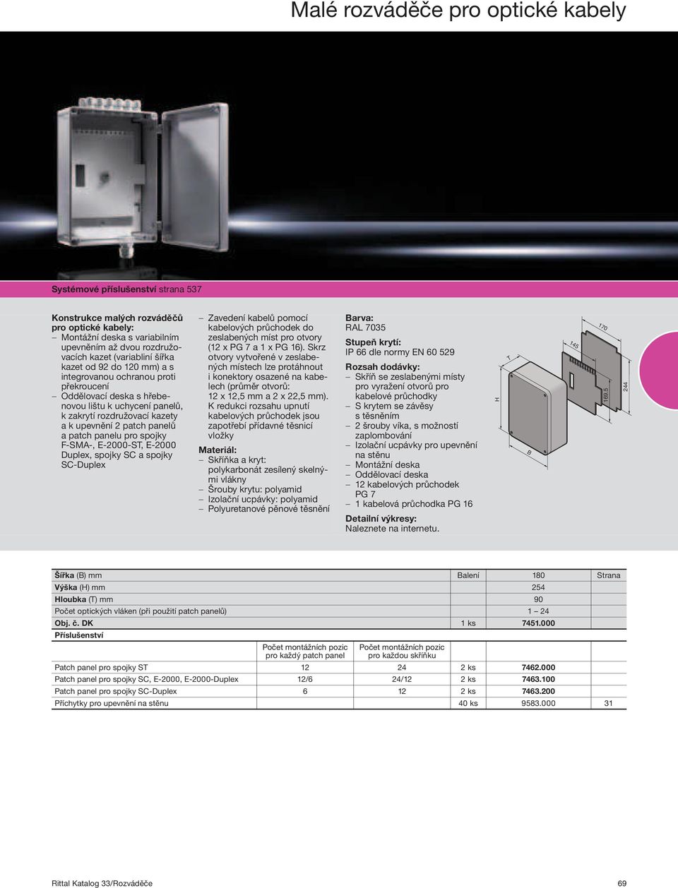 panelu pro spojky F SMA, E 2000 ST, E 2000 Duplex, spojky SC a spojky SC Duplex Zavedení kabelů pomocí kabelových průchodek do zeslabených míst pro otvory (12 x PG 7 a 1 x PG 16).