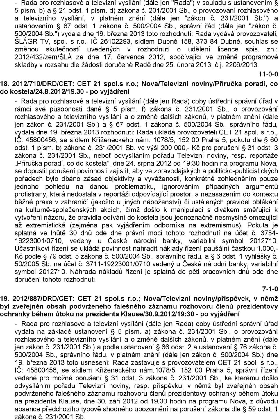 března 2013 toto rozhodnutí: Rada vydává provozovateli, ŠLÁGR TV, spol. s r.o., IČ 26102293, sídlem Dubné 158, 373 84 Dubné, souhlas se změnou skutečností uvedených v rozhodnutí o udělení licence spis.