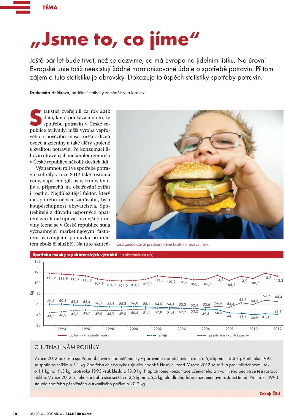 Drahomíra Hnídková, oddělení statistiky zemědělství a lesnictví Statistici zveřejnili za rok 2012 data, která poukázala na to, že spotřebu potravin v České republice ovlivnily: nižší výroba vepřového