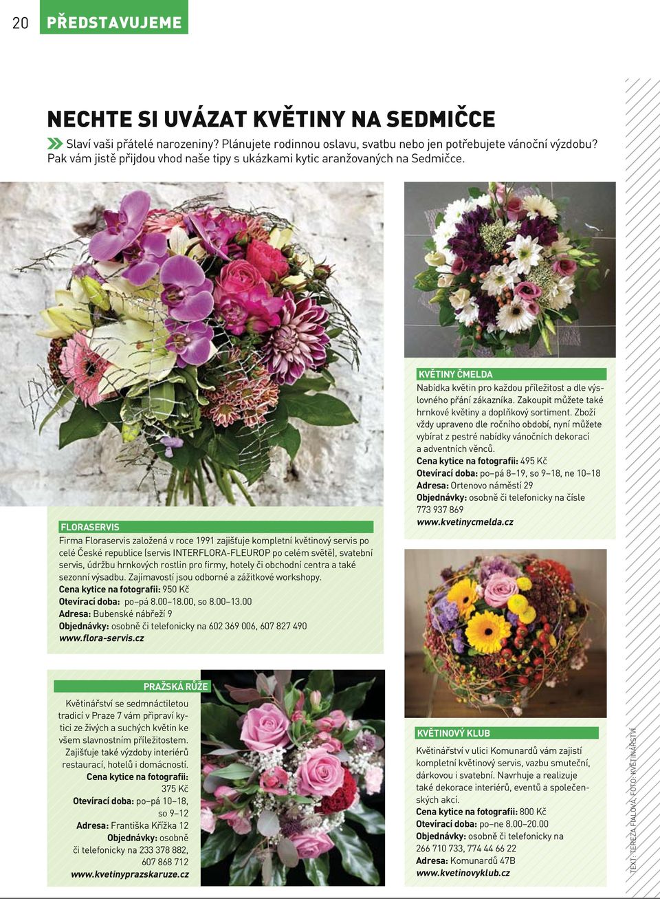 FLORASERVIS Firma Floraservis založená v roce 1991 zajišťuje kompletní květinový servis po celé České republice (servis INTERFLORA-FLEUROP po celém světě), svatební servis, údržbu hrnkových rostlin