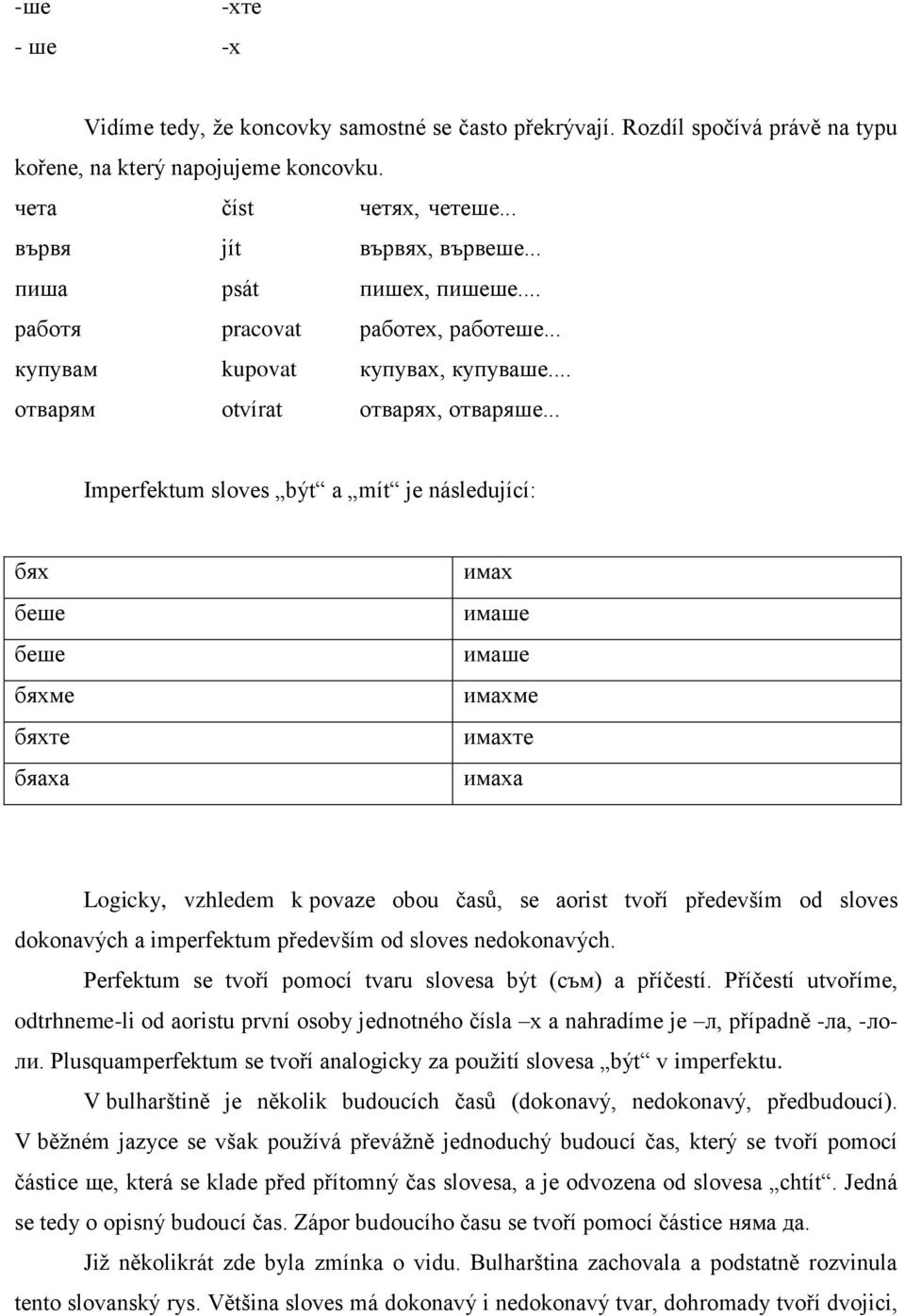 .. Imperfektum sloves být a mít je následující: бях беше беше бяхме бяхте бяаха имах имаше имаше имахме имахте имаха Logicky, vzhledem k povaze obou časů, se aorist tvoří především od sloves