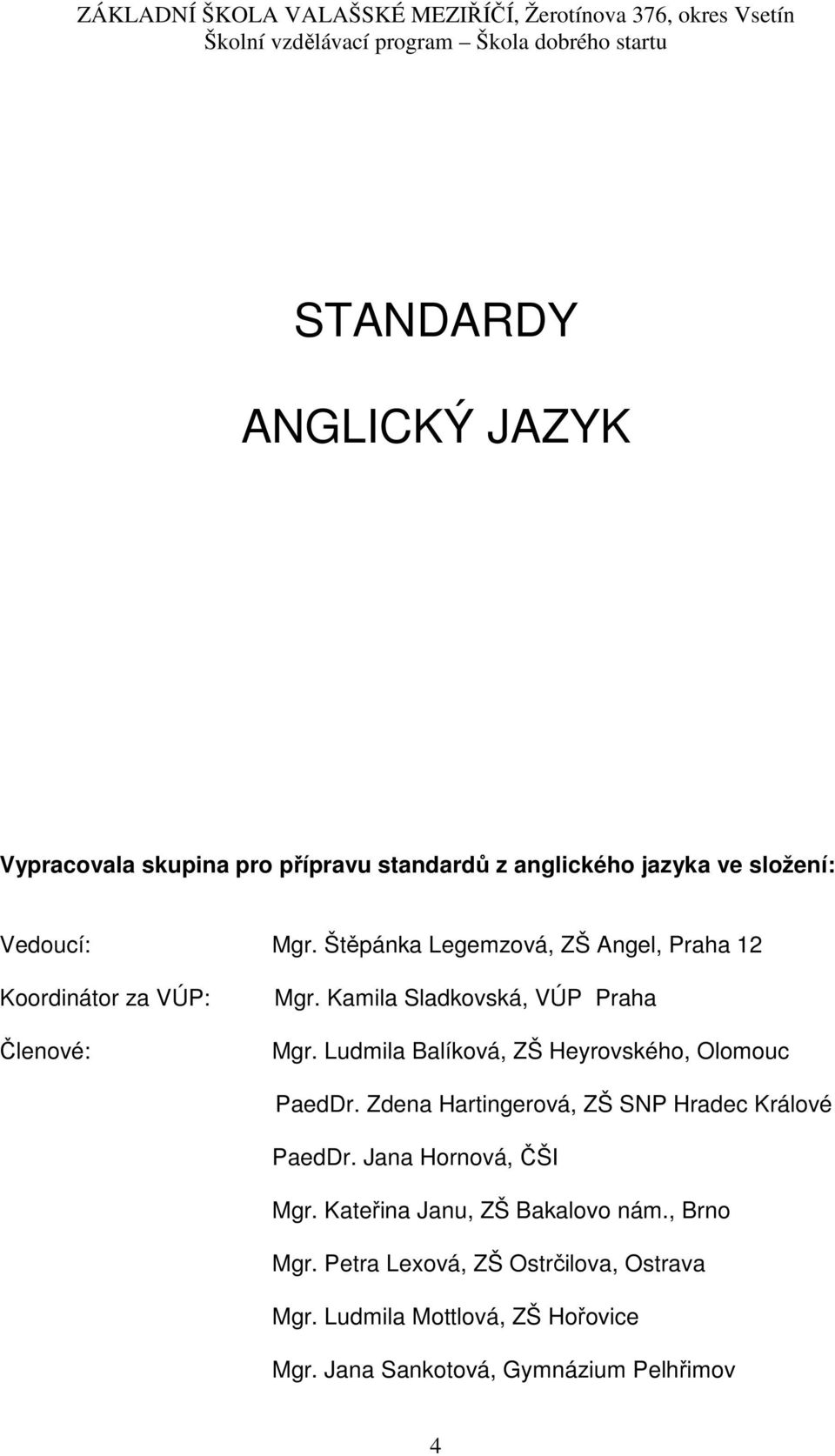 Ludmila Balíková, ZŠ Heyrovského, Olomouc PaedDr. Zdena Hartingerová, ZŠ SNP Hradec Králové PaedDr. Jana Hornová, ČŠI Mgr.