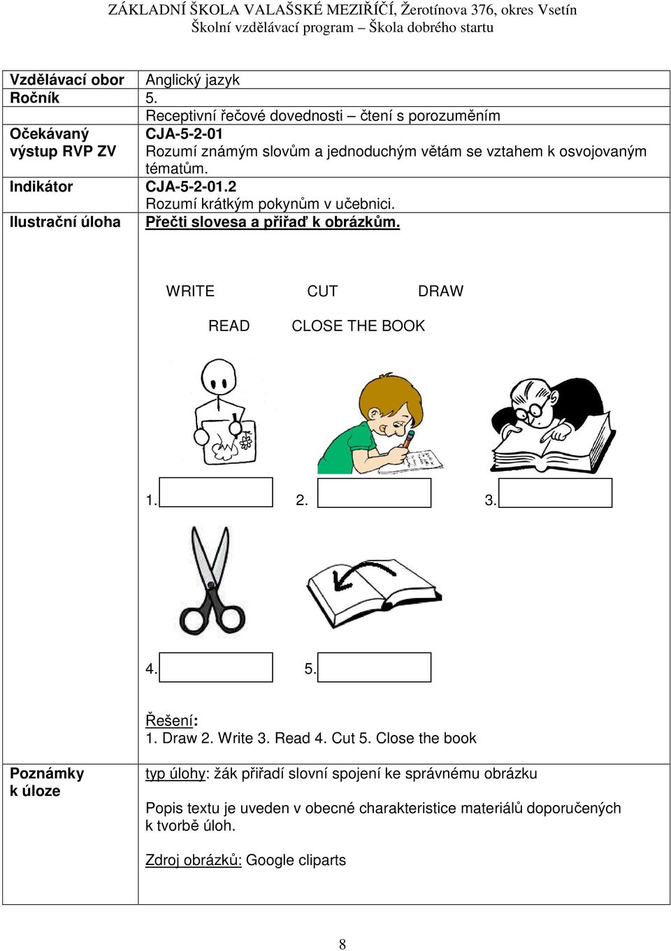 tématům. Indikátor CJA-5-2-01.2 Rozumí krátkým pokynům v učebnici. Ilustrační úloha Přečti slovesa a přiřaď k obrázkům.