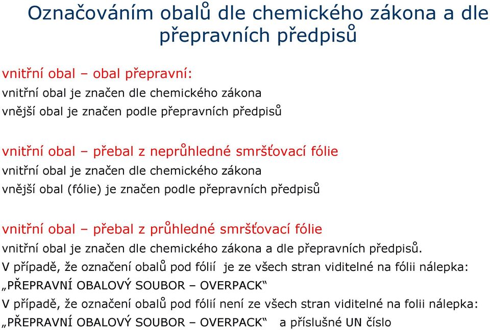 z průhledné smršťovací fólie vnitřní obal je značen dle chemického zákona a dle přepravních předpisů.