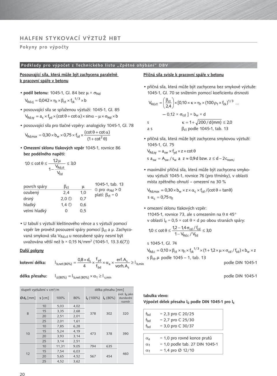 70 se snížením pomocí koeficientu drsnosti posouvající síla se spřaženou výztuží: 1045-1, Gl. 85 posouvající síla pro tlačné vzpěry: analogicky 1045-1, Gl.