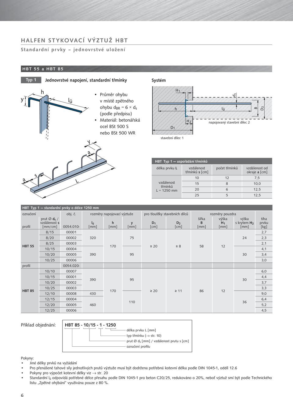okraje a [cm] 10 12 7,5 15 8 10,0 20 6 12,5 25 5 12,5 HBT Typ 1 standardní prvky o délce 1250 mm označení obj. č.