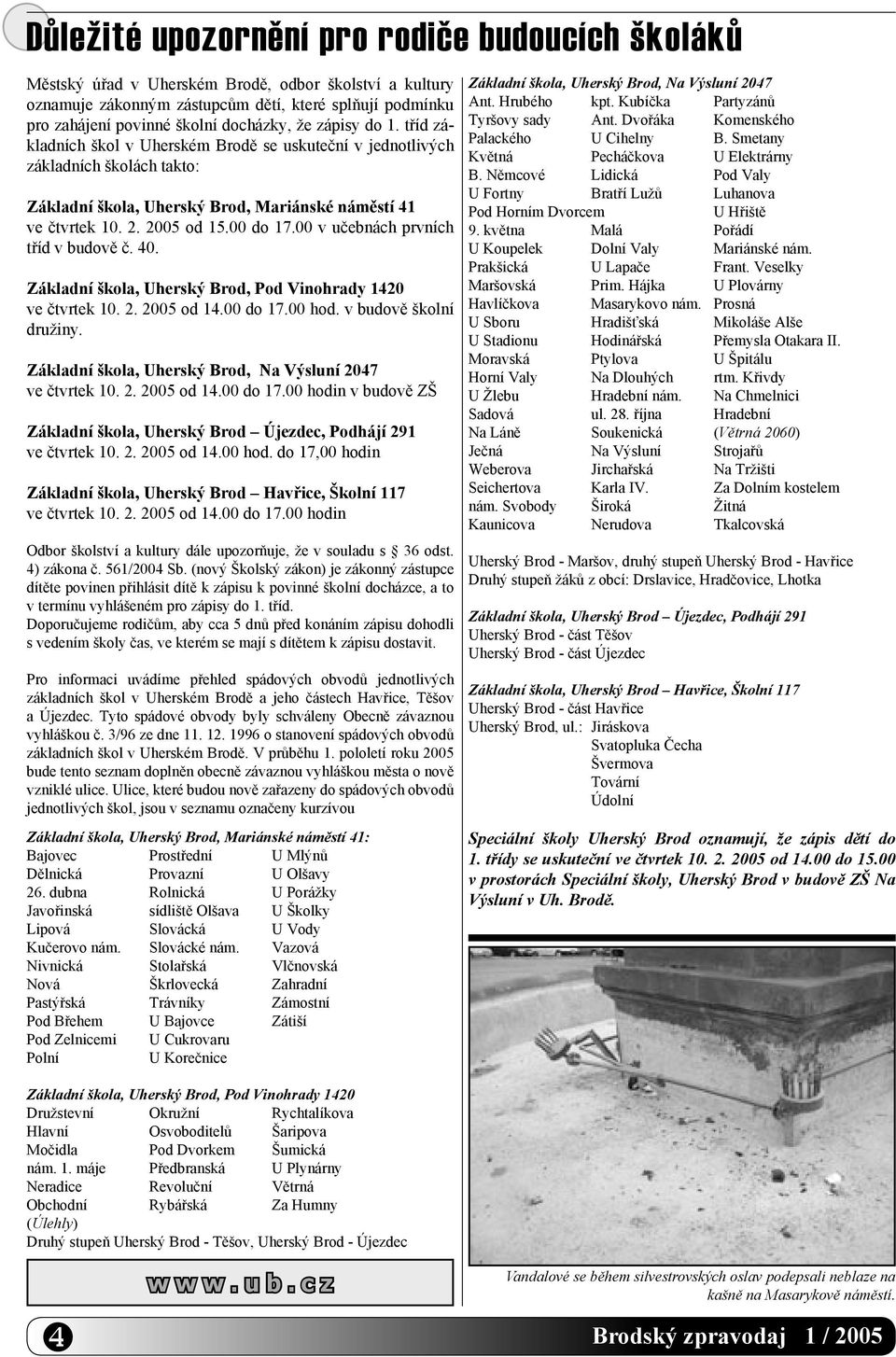 00 v učebnách prvních tříd v budově č. 40. Základní škola, Uherský Brod, Pod Vinohrady 1420 ve čtvrtek 10. 2. 2005 od 14.00 do 17.00 hod. v budově školní družiny.