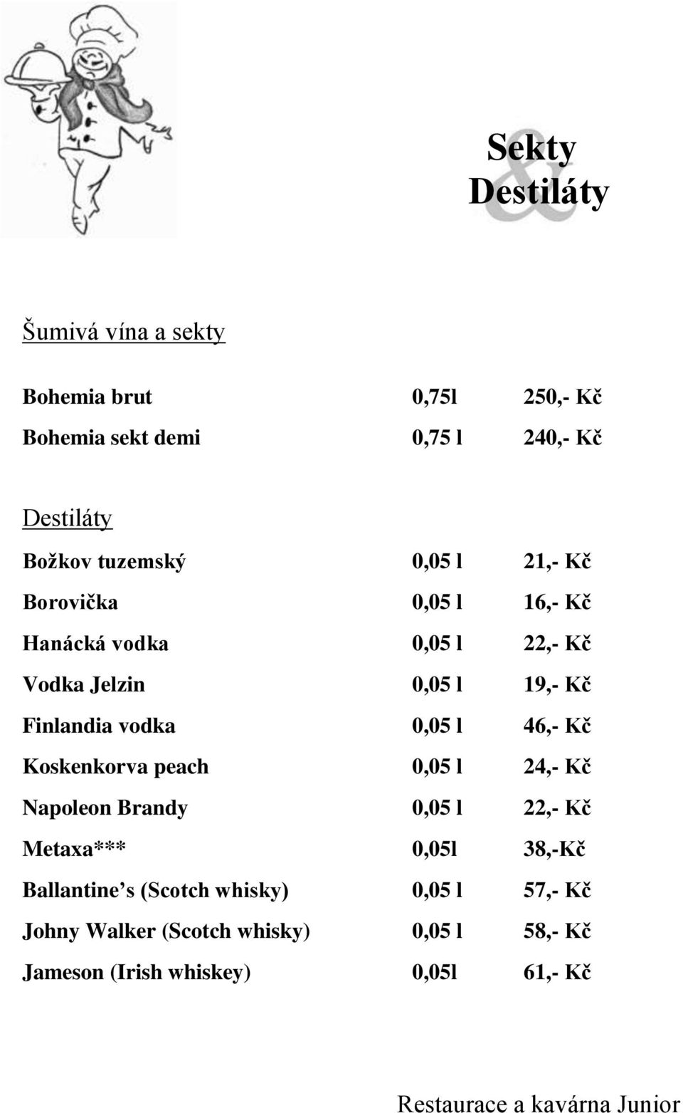 vodka 0,05 l 46,- Kč Koskenkorva peach 0,05 l 24,- Kč Napoleon Brandy 0,05 l 22,- Kč Metaxa*** 0,05l 38,-Kč