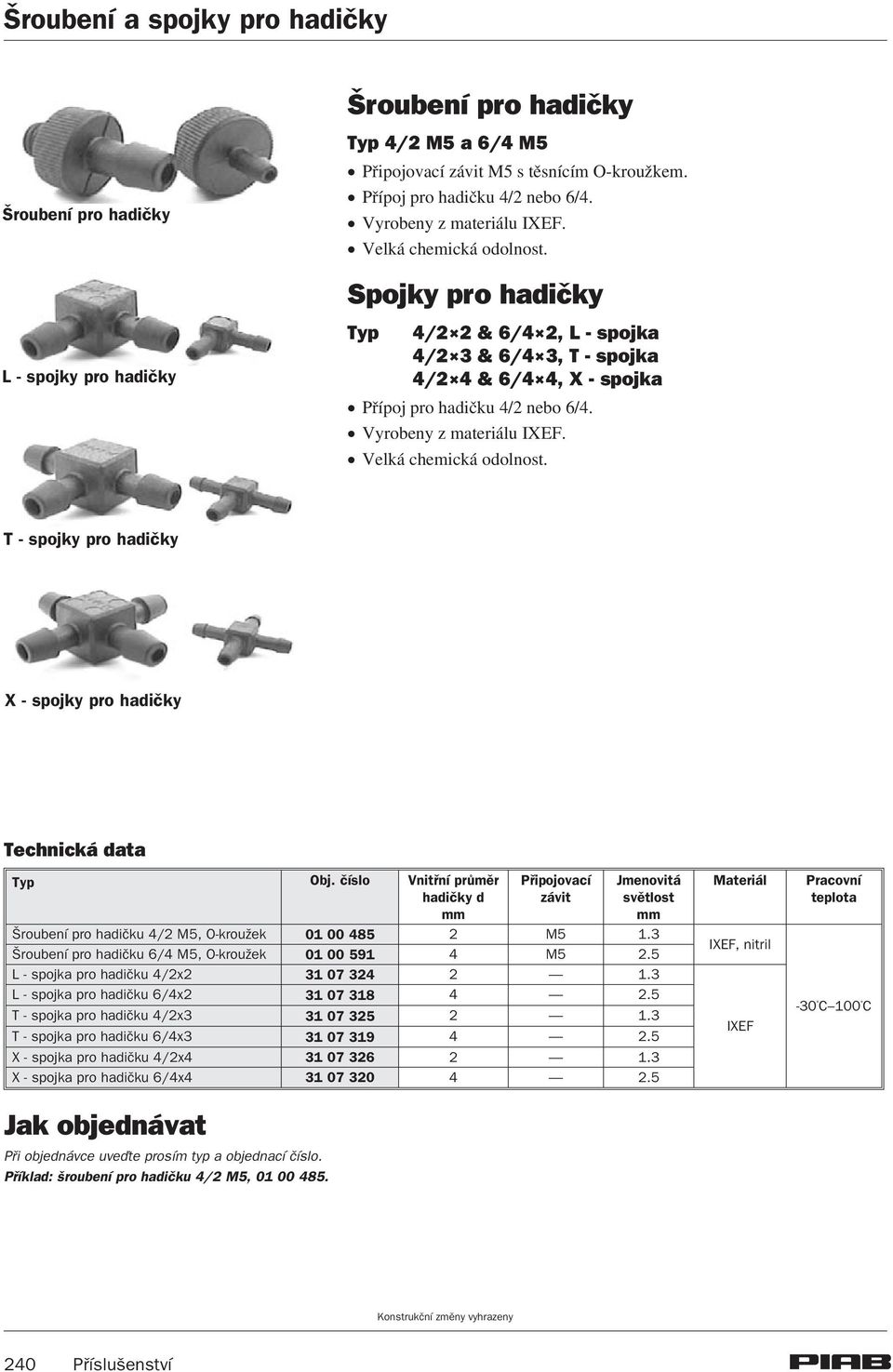 ! Vyrobeny z materiálu IXEF.! Velká chemická odolnost. T - spojky pro hadièky X - spojky pro hadièky Typ Obj.