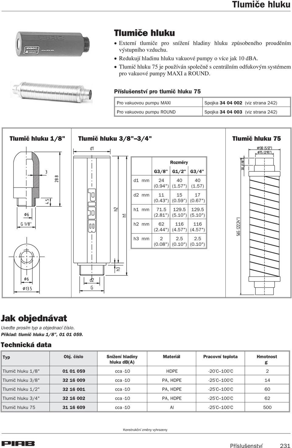 Pøíslušenství pro tlumiè hluku 75 Pro vakuovou pumpu MAXI Spojka 34 04 002 (viz strana 242) Pro vakuovou pumpu ROUND Spojka 34 04 003 (viz strana 242) Tlumiè hluku 1/8" Tlumiè hluku 3/8" 3/4" Tlumiè