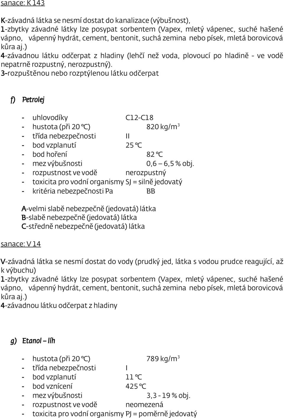 3-rozpuštěnou nebo rozptýlenou látku odčerpat f) Petrolej - uhlovodíky C12-C18 - hustota (při 20 C) 820 kg/m 3 - třída nebezpečnosti II - bod vzplanutí 25 C - bod hoření 82 C - mez výbušnosti 0,6 6,5