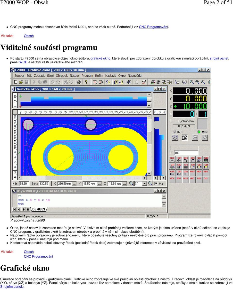 části uživatelského rozhraní. Pracovní plocha F2000. Okno, jehož název je zobrazen modře, je aktivní. V aktivním okně probíhají veškeré akce, ke kterým je okno určeno (např.