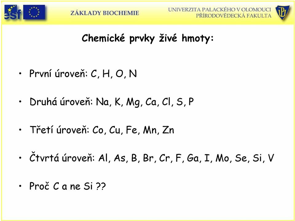 úroveň: o, u, Fe, Mn, Zn Čtvrtá úroveň: Al,