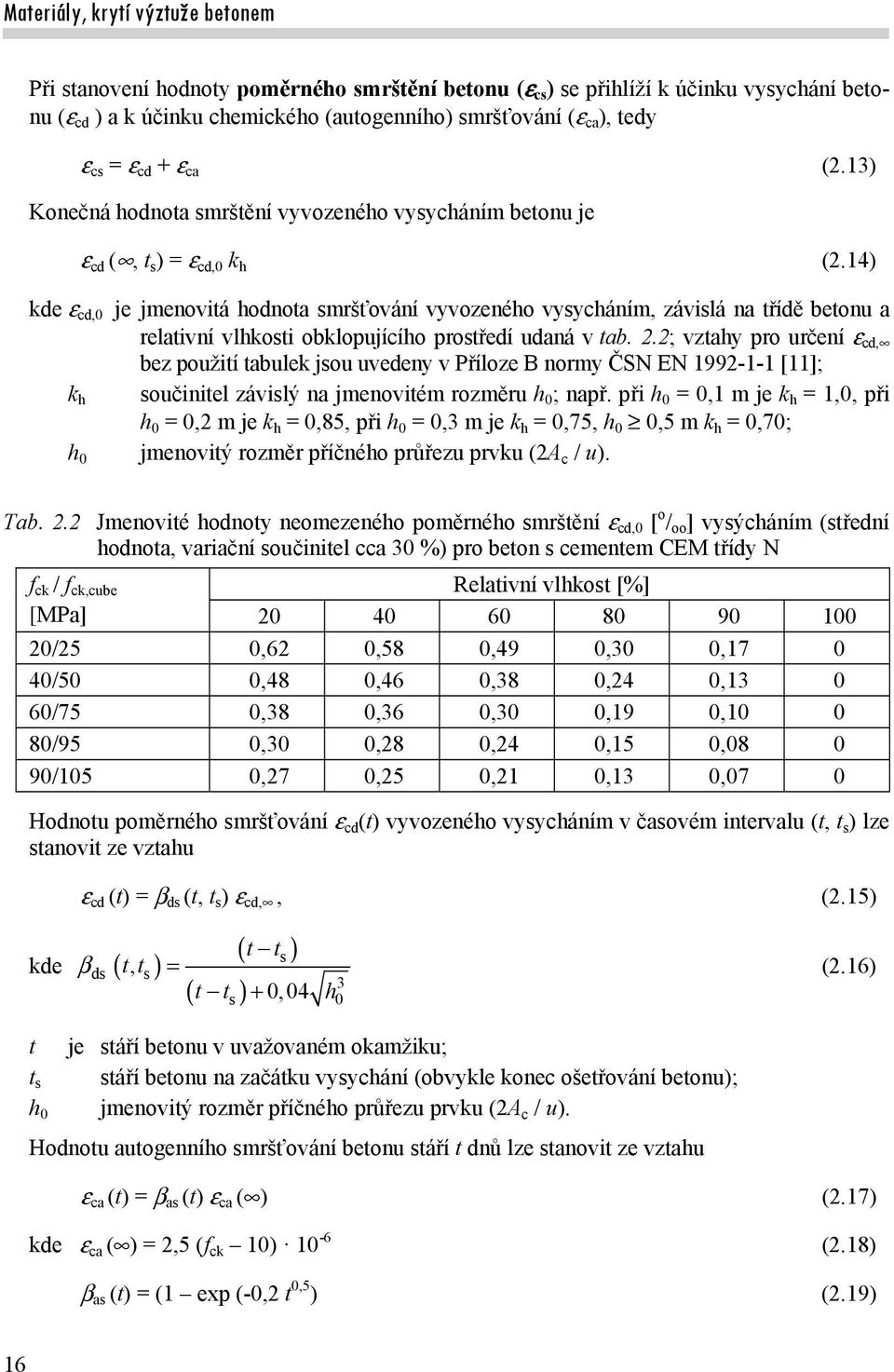 14) kde cd,0 je jmenovitá hodnota smršťování vyvozeného vysycháním, závislá na třídě betonu a relativní vlhkosti obklopujícího prostředí udaná v tab. 2.