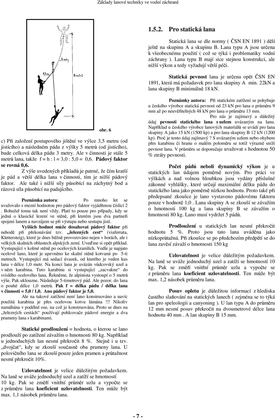 22kN a lana skupiny B minimálně 18 kn. obr. 6 c) Při založení postupového jištění ve výšce 3,5 metru (od jistícího) a následném pádu z výšky 5 metrů (od jistícího), bude celková délka pádu 3 metry.