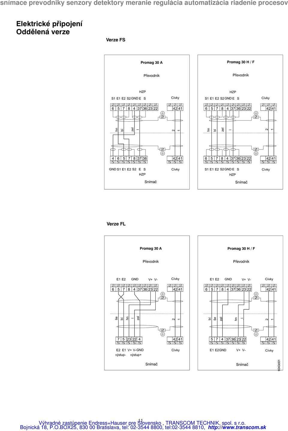 Verze FL Promag 30 A Promag 30 H / F Převodník Převodník E1 E2 GND V+ V- Cívky E1 E2 GND V+ V- Spulen Cívky 6 5 7 8 4 37 36 23 22 42 41 6 5 7 8 4 37 36 23 22 42 41 še bí hn l zel 2 1 ws bí še gr zel