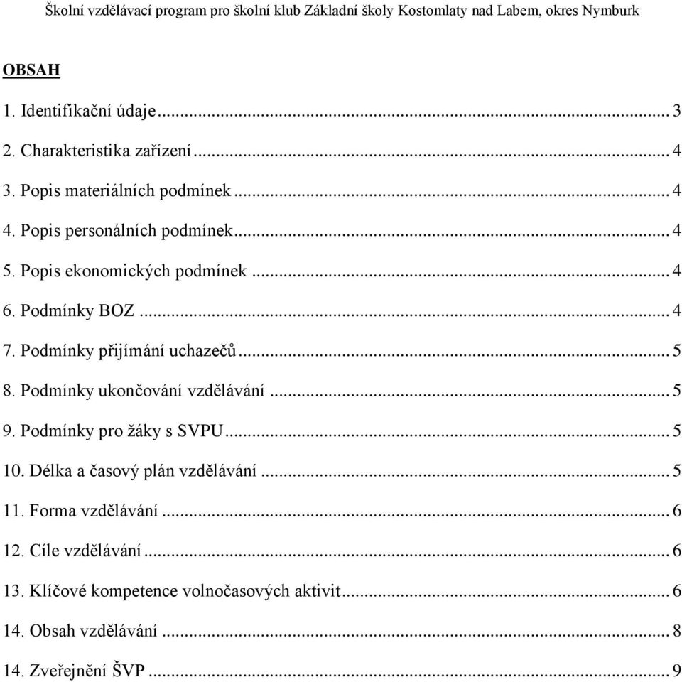 .. 5 8. Podmínky ukončování vzdělávání... 5 9. Podmínky pro ţáky s SVPU... 5 10. Délka a časový plán vzdělávání... 5 11.