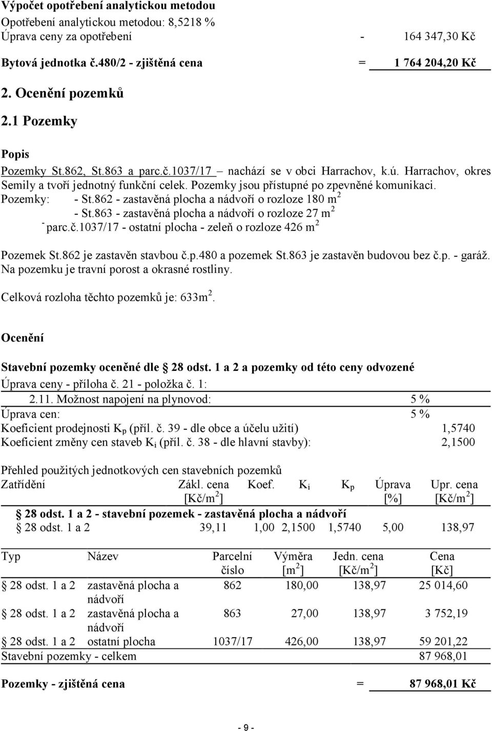 Pozemky jsou přístupné po zpevněné komunikaci. Pozemky: - St.862 - zastavěná plocha a nádvoří o rozloze 180 m 2 - St.863 - zastavěná plocha a nádvoří o rozloze 27 m 2 - parc.č.