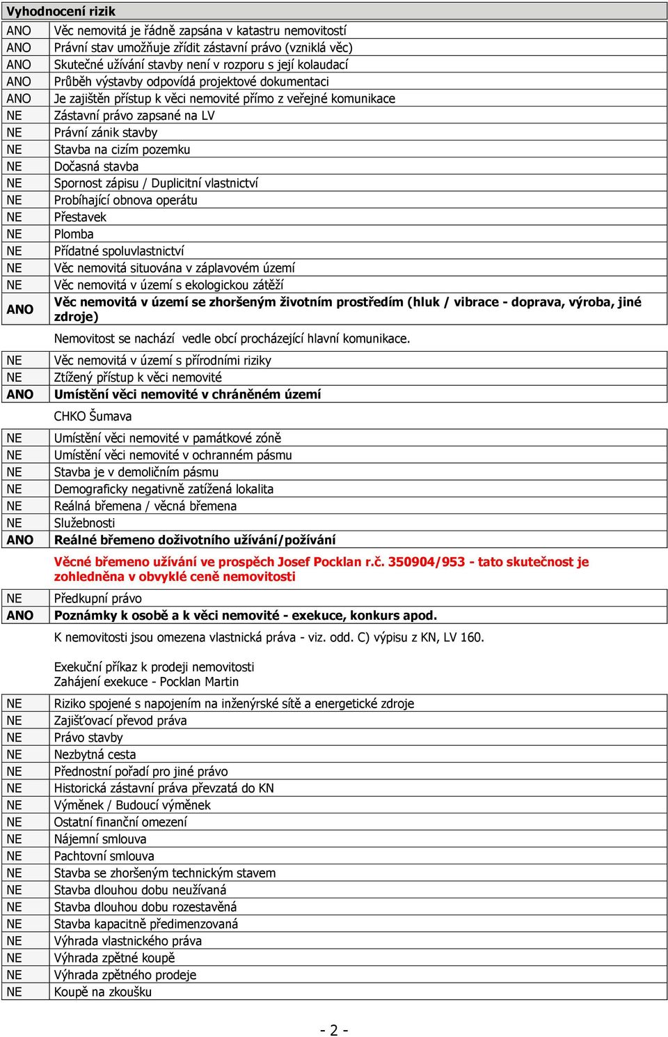 / Duplicitní vlastnictví Probíhající obnova operátu Přestavek Plomba Přídatné spoluvlastnictví Věc nemovitá situována v záplavovém území Věc nemovitá v území s ekologickou zátěţí Věc nemovitá v území