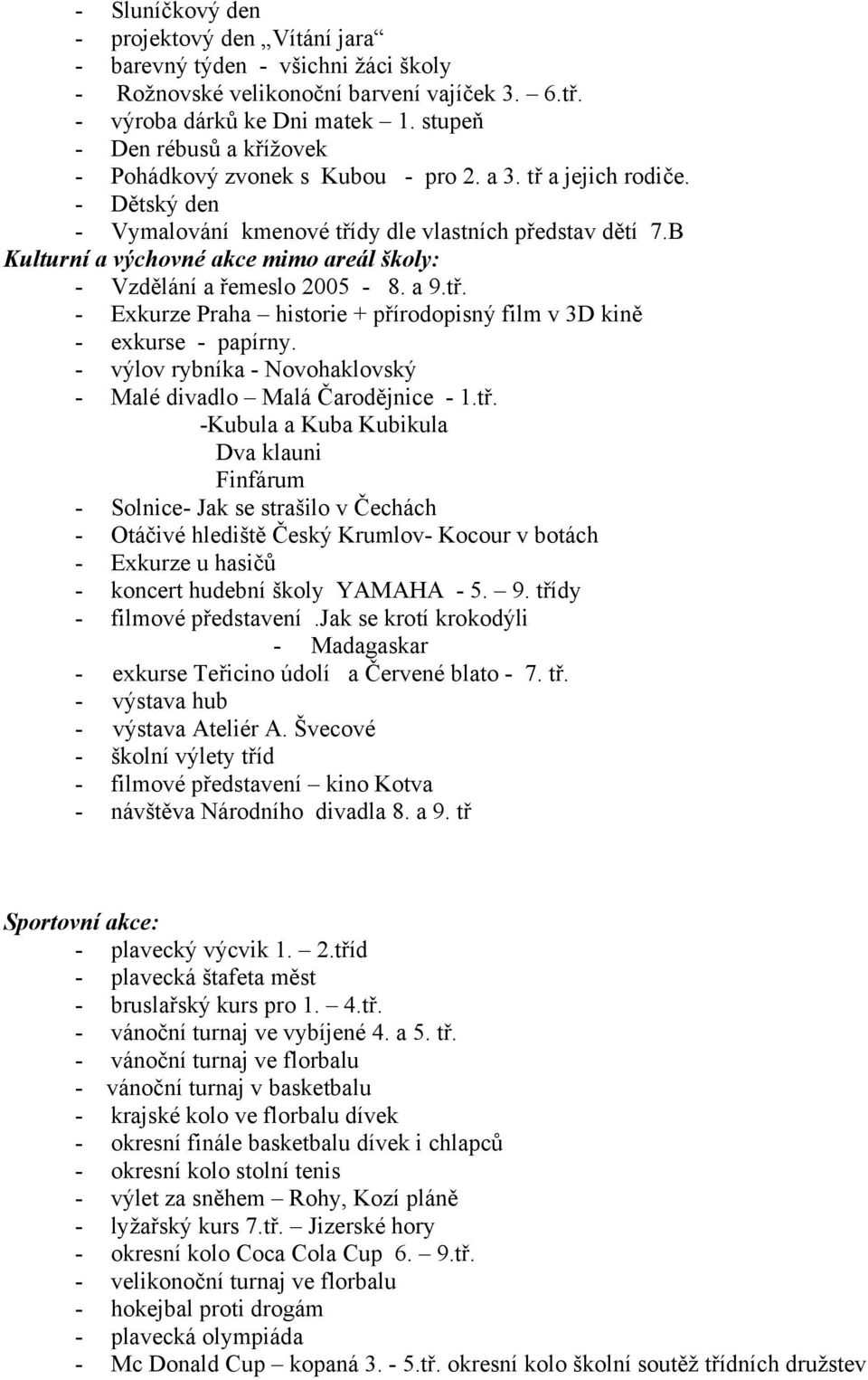 B Kulturní a výchovné akce mimo areál školy: - Vzdělání a řemeslo 2005-8. a 9.tř. - Exkurze Praha historie + přírodopisný film v 3D kině - exkurse - papírny.