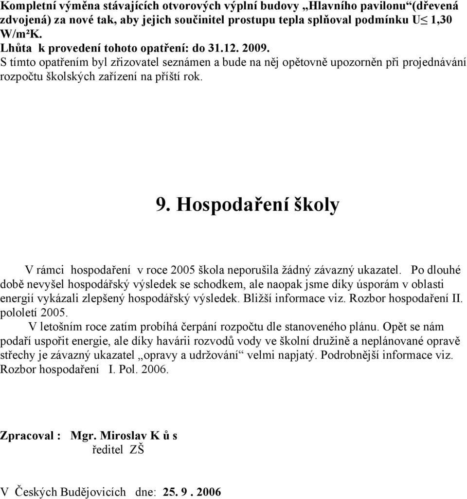 Hospodaření školy V rámci hospodaření v roce 2005 škola neporušila žádný závazný ukazatel.