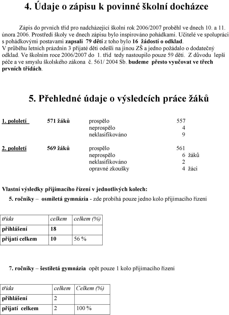 V průběhu letních prázdnin 3 přijaté děti odešli na jinou ZŠ a jedno požádalo o dodatečný odklad. Ve školním roce 2006/2007 do 1. tříd tedy nastoupilo pouze 59 dětí.