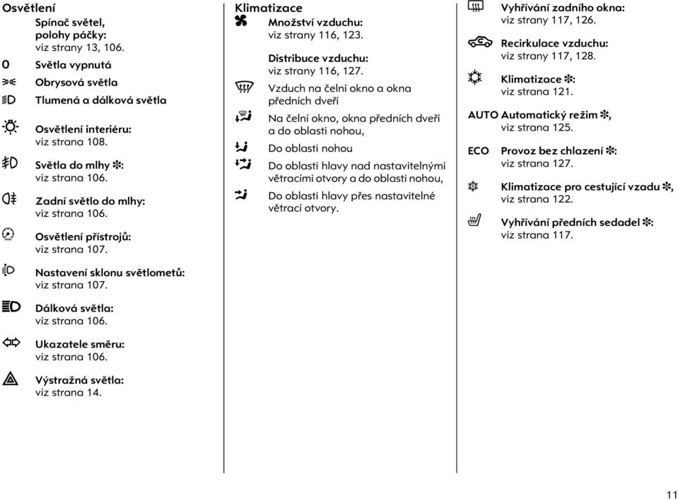 Výstražná svìtla: viz strana 14. Klimatizace x Množství vzduchu: viz strany 116, 123. V J K L M Distribuce vzduchu: viz strany 116, 127.