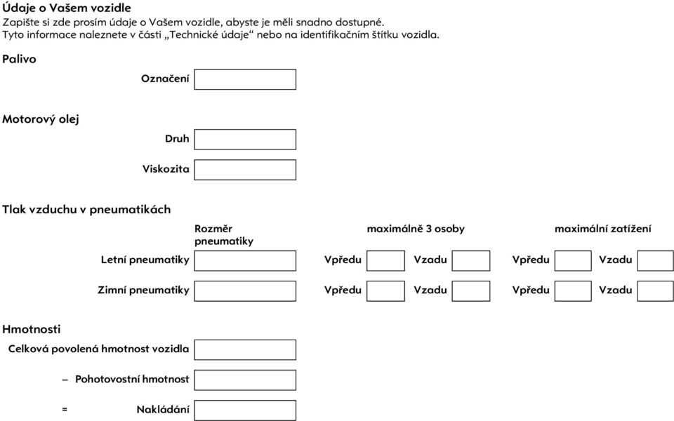 Palivo Oznaèení Motorový olej Druh Viskozita Tlak vzduchu v pneumatikách Rozmìr maximálnì 3 osoby maximální zatížení