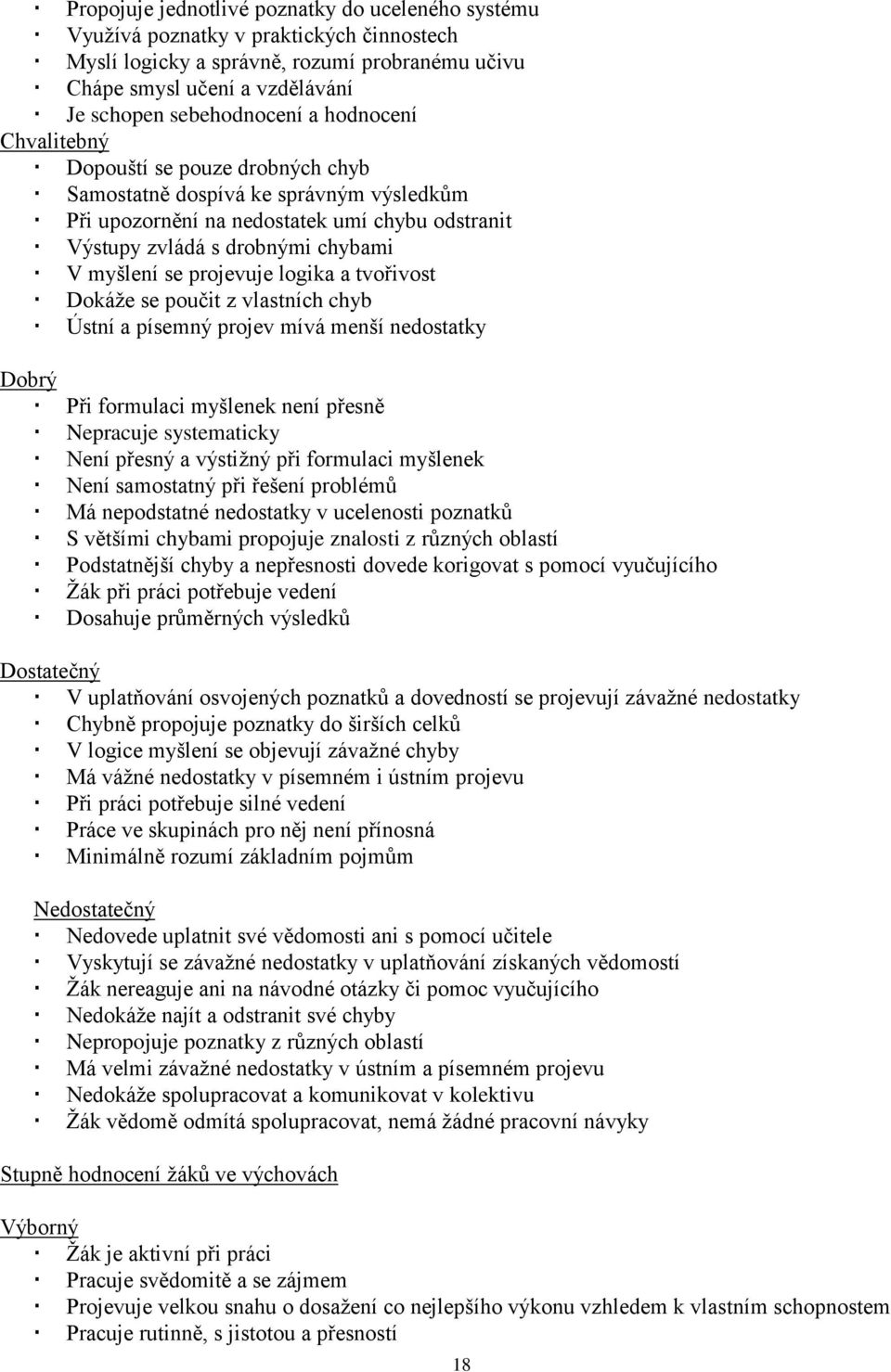 projevuje logika a tvořivost Dokáže se poučit z vlastních chyb Ústní a písemný projev mívá menší nedostatky Dobrý Při formulaci myšlenek není přesně Nepracuje systematicky Není přesný a výstižný při