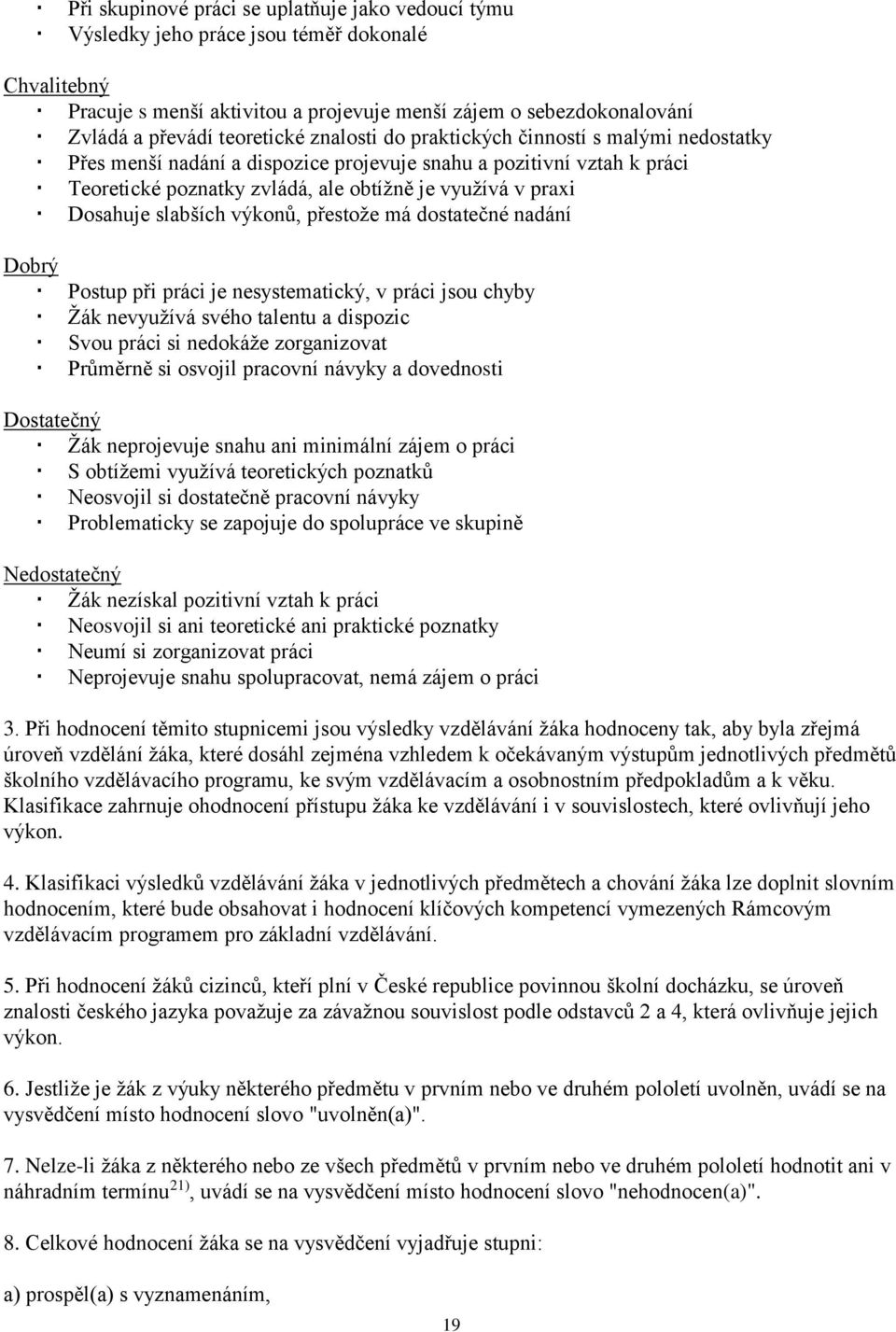 Dosahuje slabších výkonů, přestože má dostatečné nadání Dobrý Postup při práci je nesystematický, v práci jsou chyby Žák nevyužívá svého talentu a dispozic Svou práci si nedokáže zorganizovat