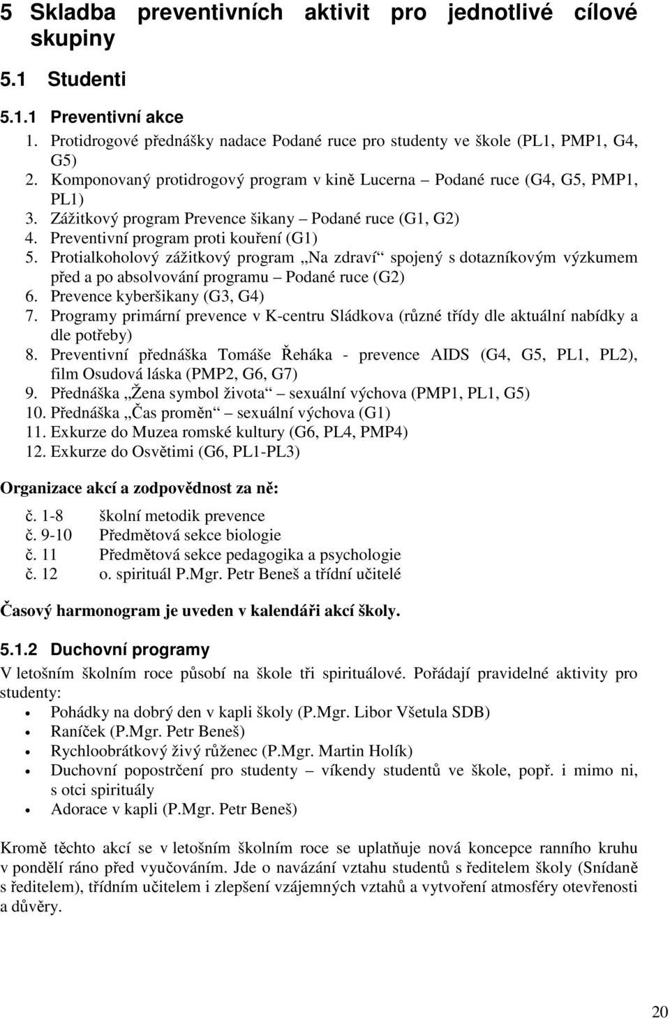 Protialkoholový zážitkový program Na zdraví spojený s dotazníkovým výzkumem před a po absolvování programu Podané ruce (G2) 6. Prevence kyberšikany (G3, G4) 7.