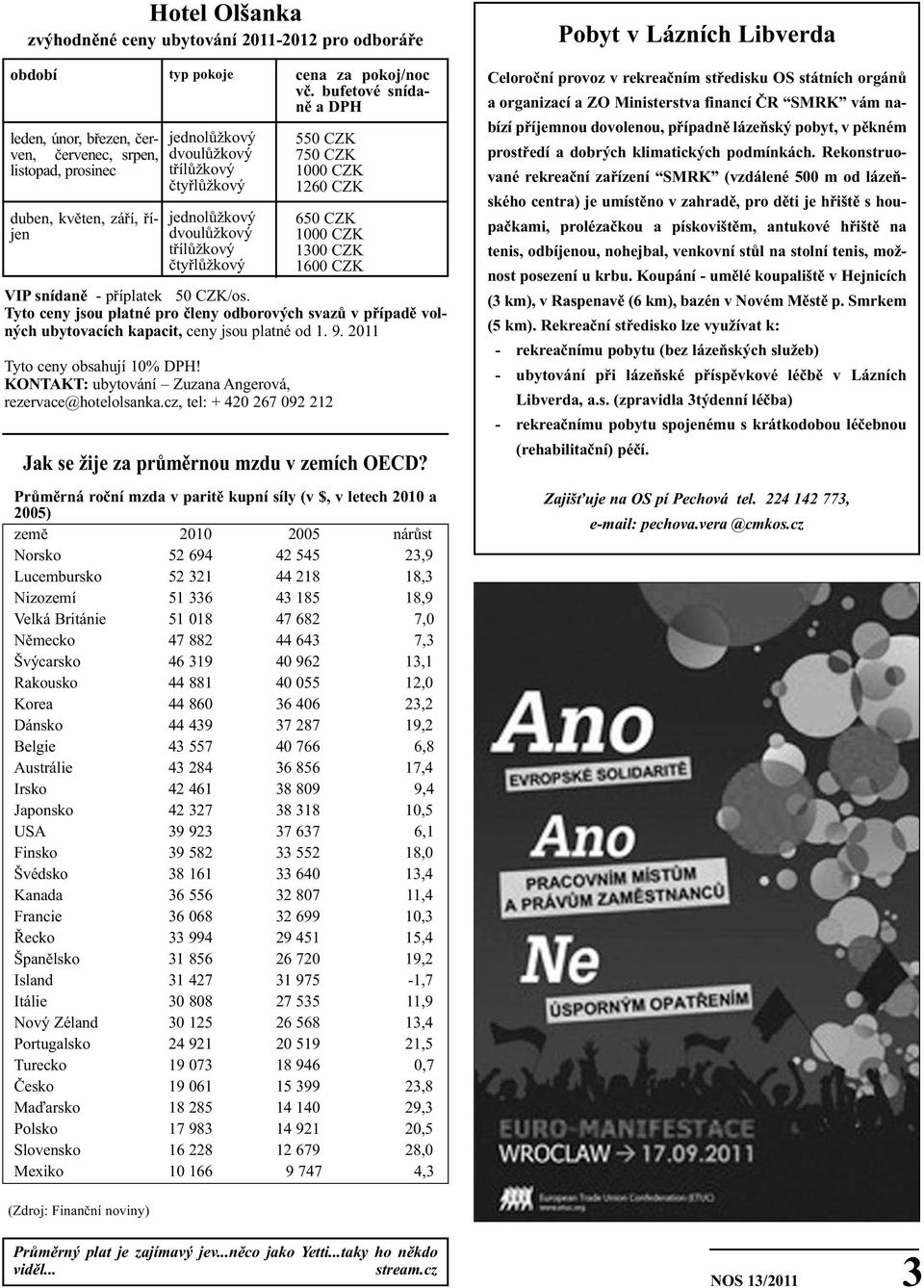 Tyto ceny jsou platné pro členy odborových svazů v případě volných ubytovacích kapacit, ceny jsou platné od 1. 9. 2011 Tyto ceny obsahují 10% DPH!