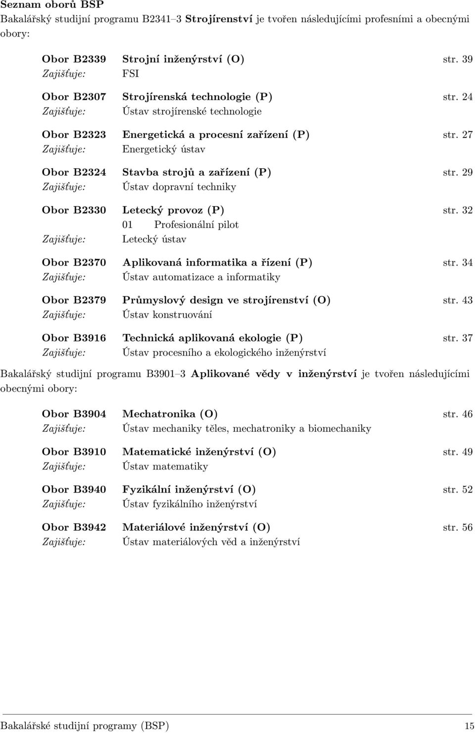 27 Zajišťuje: Energetický ústav Obor B2324 Stavba strojů a zařízení (P) str. 29 Zajišťuje: Ústav dopravní techniky Obor B2330 Letecký provoz (P) str.