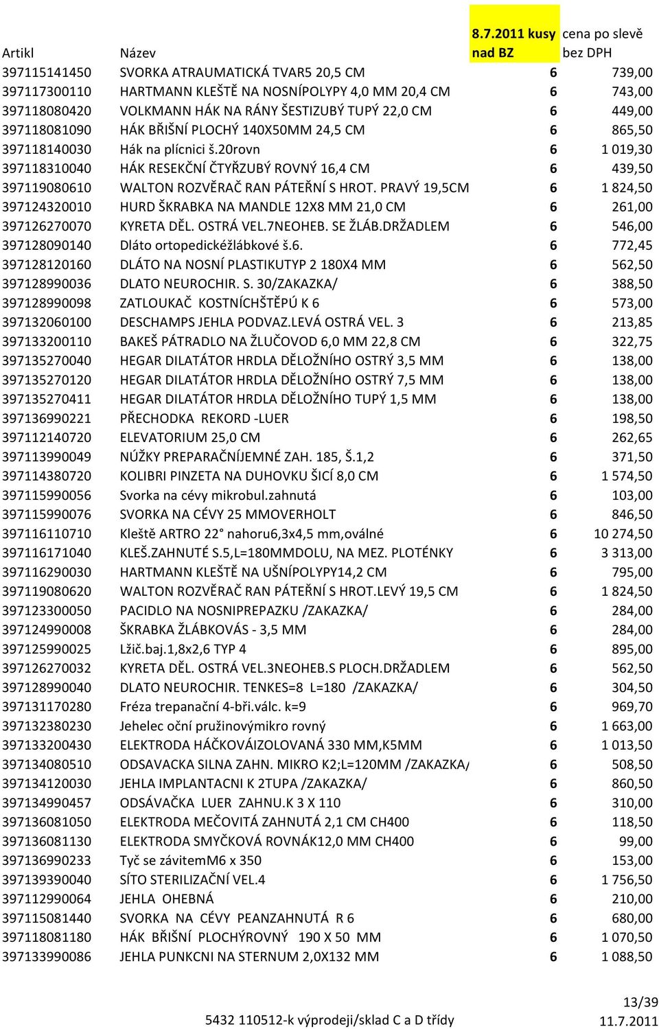 20rovn 6 1019,30 397118310040 HÁK RESEKČNÍ ČTYŘZUBÝ ROVNÝ 16,4 CM 6 439,50 397119080610 WALTON ROZVĚRAČ RAN PÁTEŘNÍ S HROT.