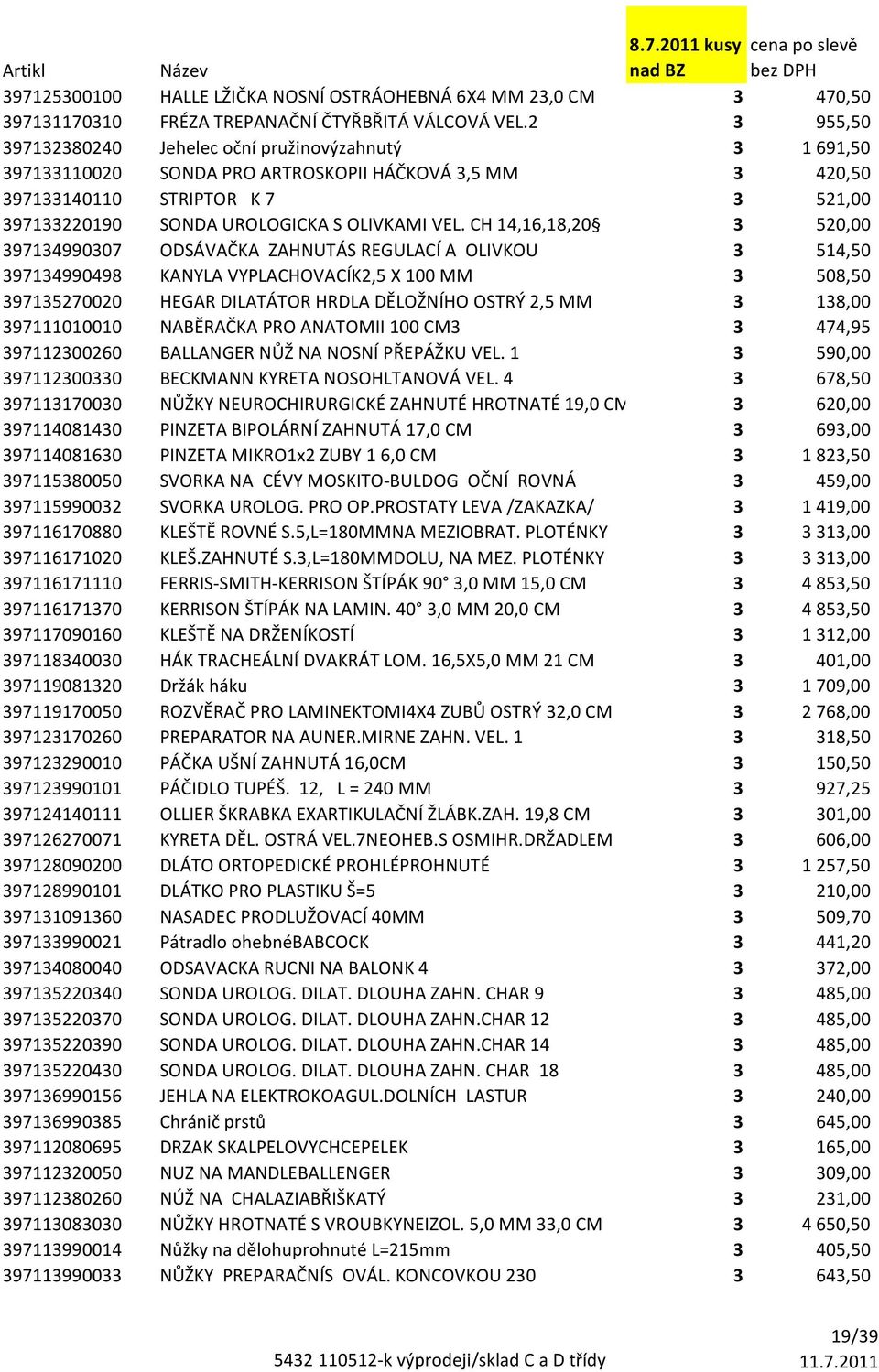 VEL. CH 14,16,18,20 3 520,00 397134990307 ODSÁVAČKA ZAHNUTÁS REGULACÍ A OLIVKOU 3 514,50 397134990498 KANYLA VYPLACHOVACÍK2,5 X 100 MM 3 508,50 397135270020 HEGAR DILATÁTOR HRDLA DĚLOŽNÍHO OSTRÝ 2,5