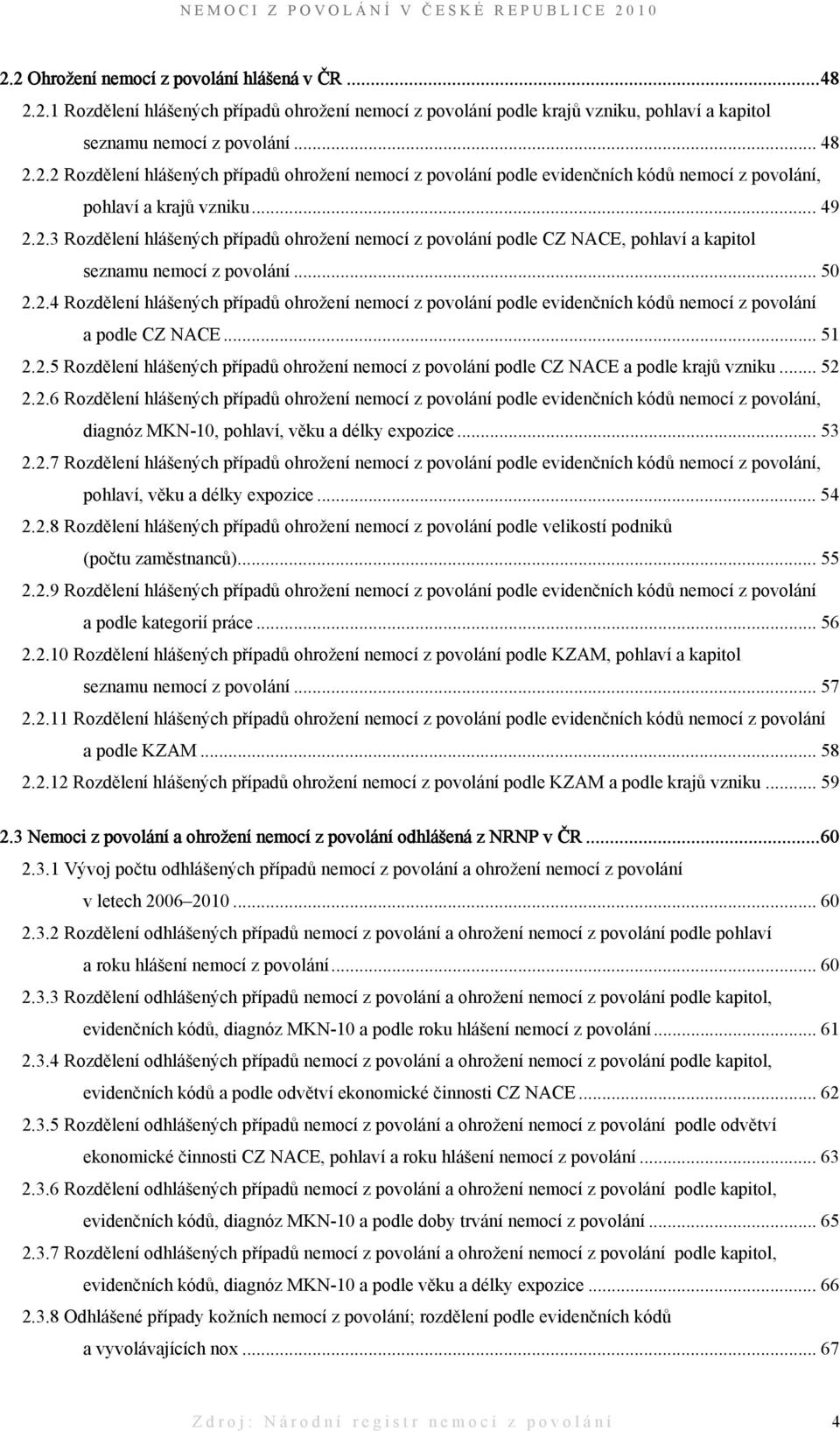 .. 51 2.2.5 Rozdělení hlášených případů ohrožení nemocí z povolání podle CZ NACE a podle krajů vzniku... 52 2.2.6 Rozdělení hlášených případů ohrožení nemocí z povolání podle evidenčních kódů nemocí z povolání, diagnóz MKN-10, pohlaví, věku a délky expozice.