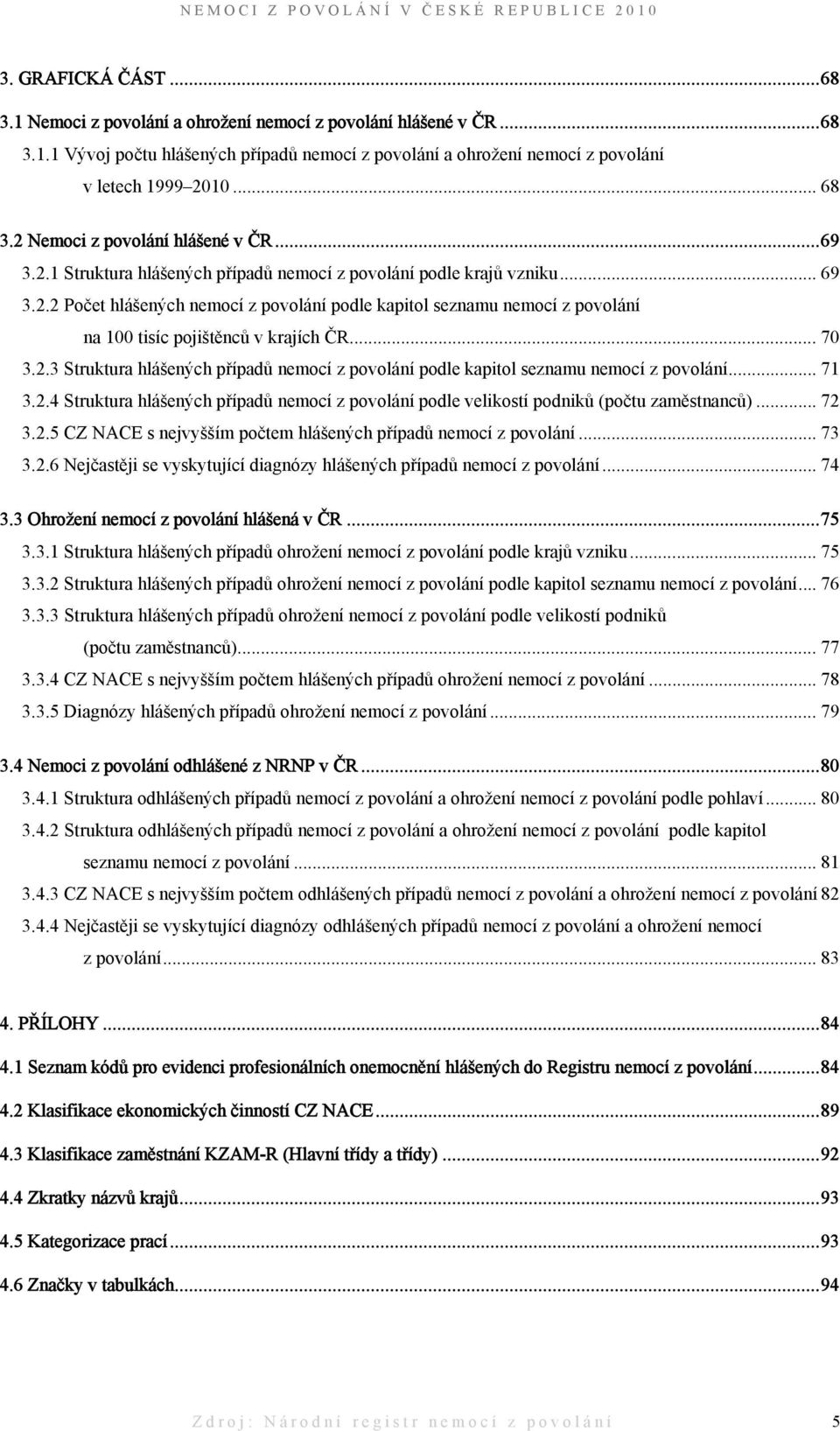 .. 70 3.2.3 Struktura hlášených případů nemocí z povolání podle kapitol seznamu nemocí z povolání... 71 3.2.4 Struktura hlášených případů nemocí z povolání podle velikostí podniků (počtu zaměstnanců).