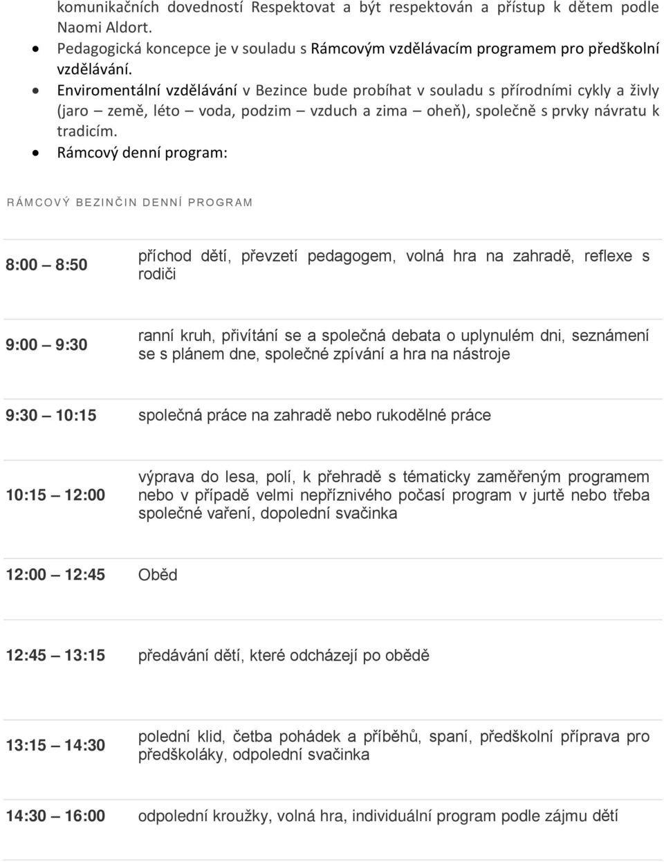 Rámcový denní program: RÁMCOVÝ BEZINČIN DENNÍ PROGRAM 8:00 8:50 příchod dětí, převzetí pedagogem, volná hra na zahradě, reflexe s rodiči 9:00 9:30 ranní kruh, přivítání se a společná debata o